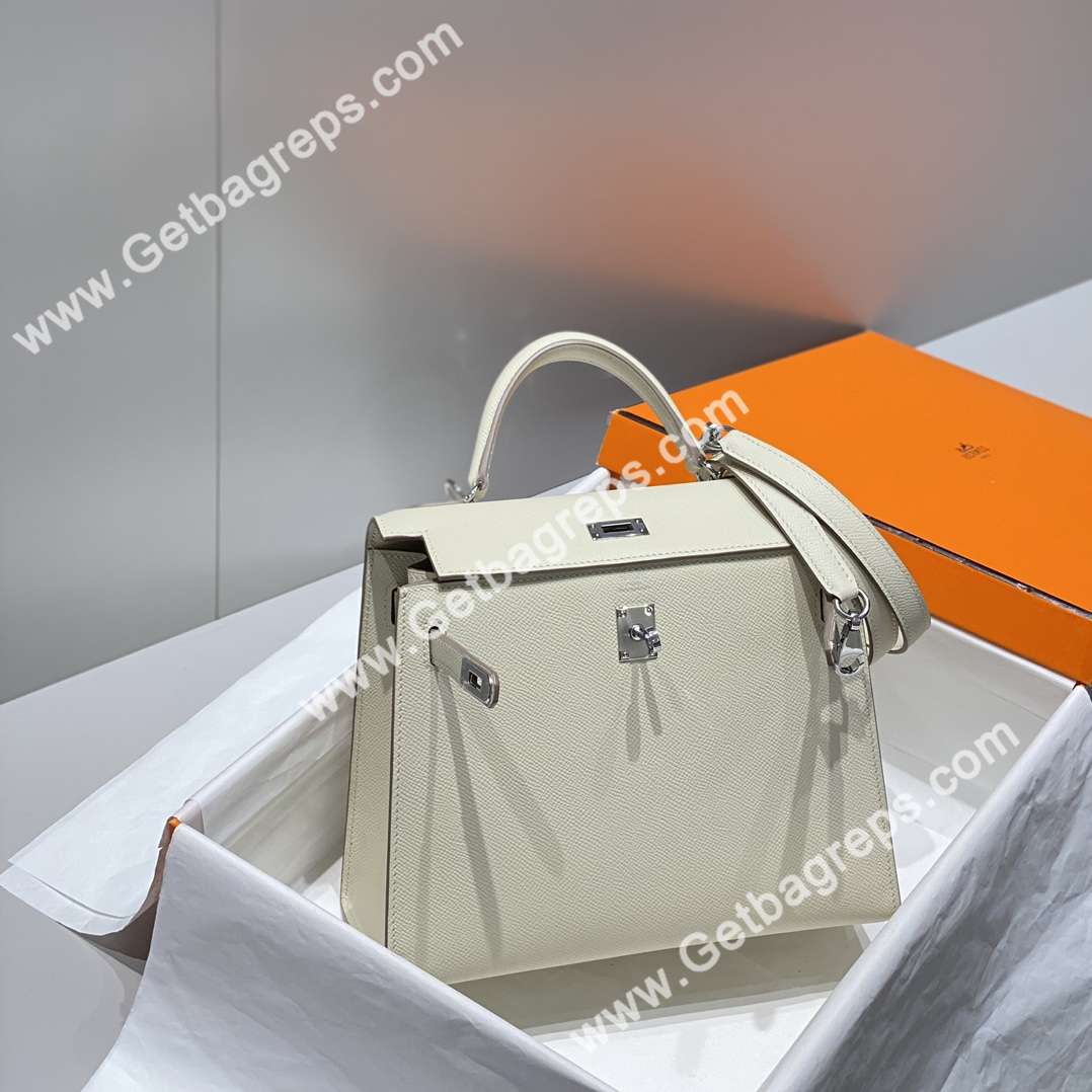 Kelly 25cm Epsom Milkshake white With Silver