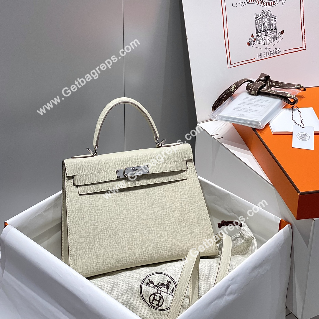 Kelly 28cm Epsom Milkshake White With Silver