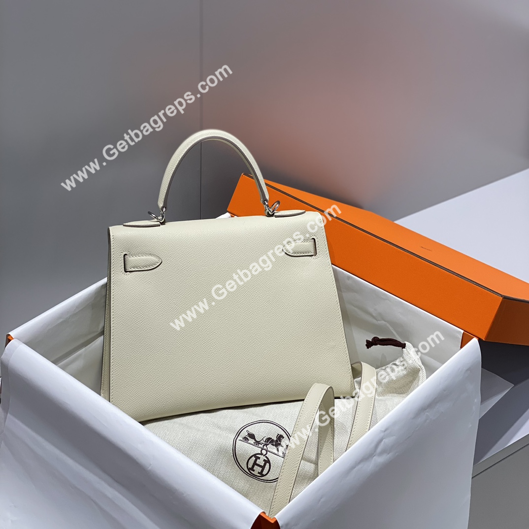 Kelly 28cm Epsom Milkshake White With Silver