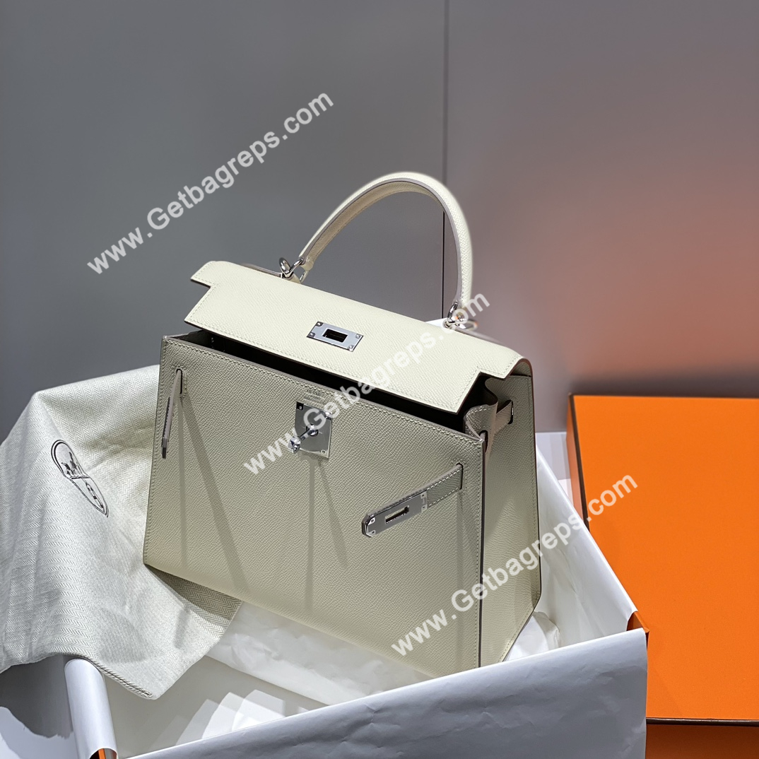 Kelly 28cm Epsom Milkshake White With Silver
