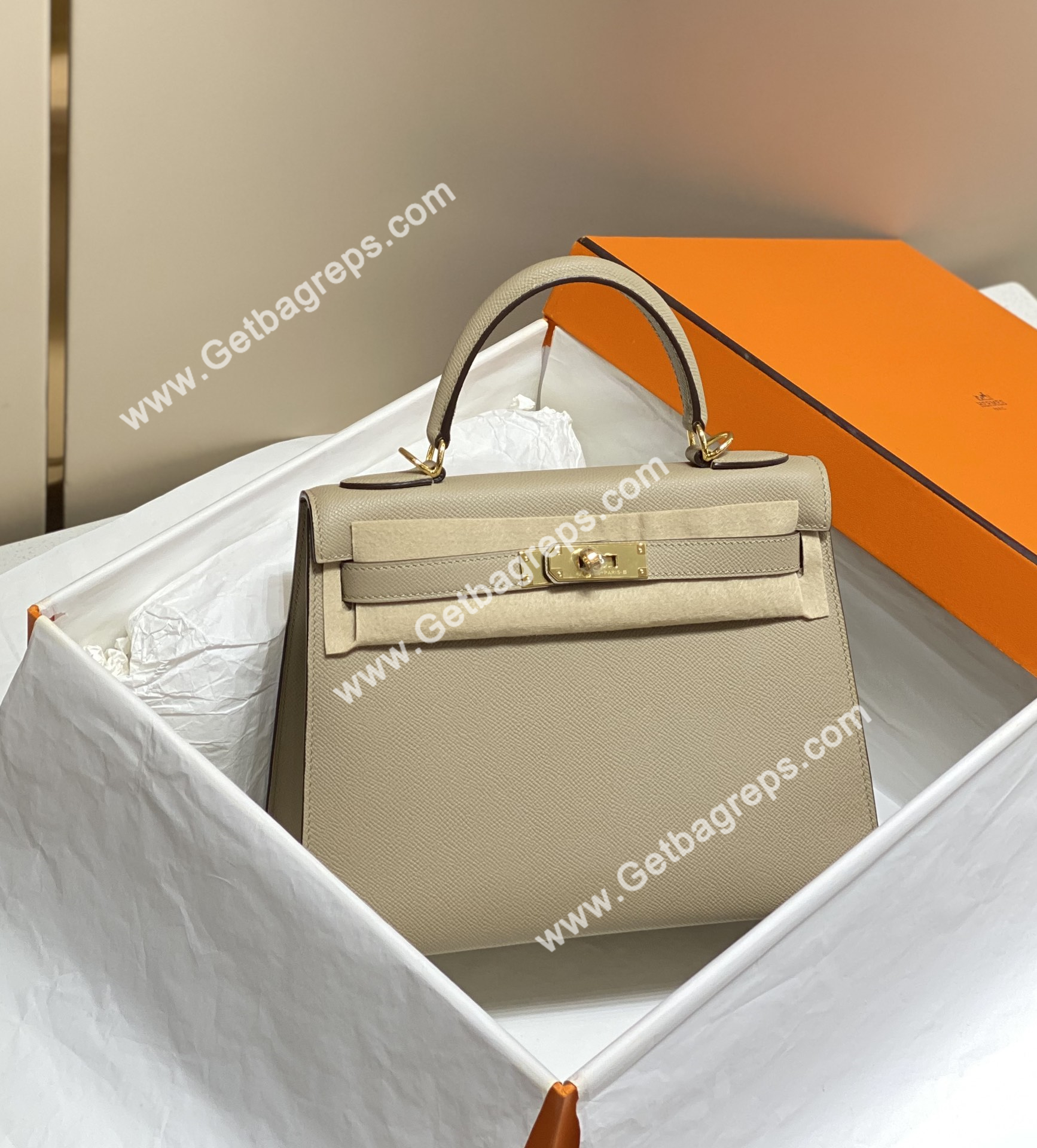 Kelly 28cm Epsom Spotted Dove Grey With Gold