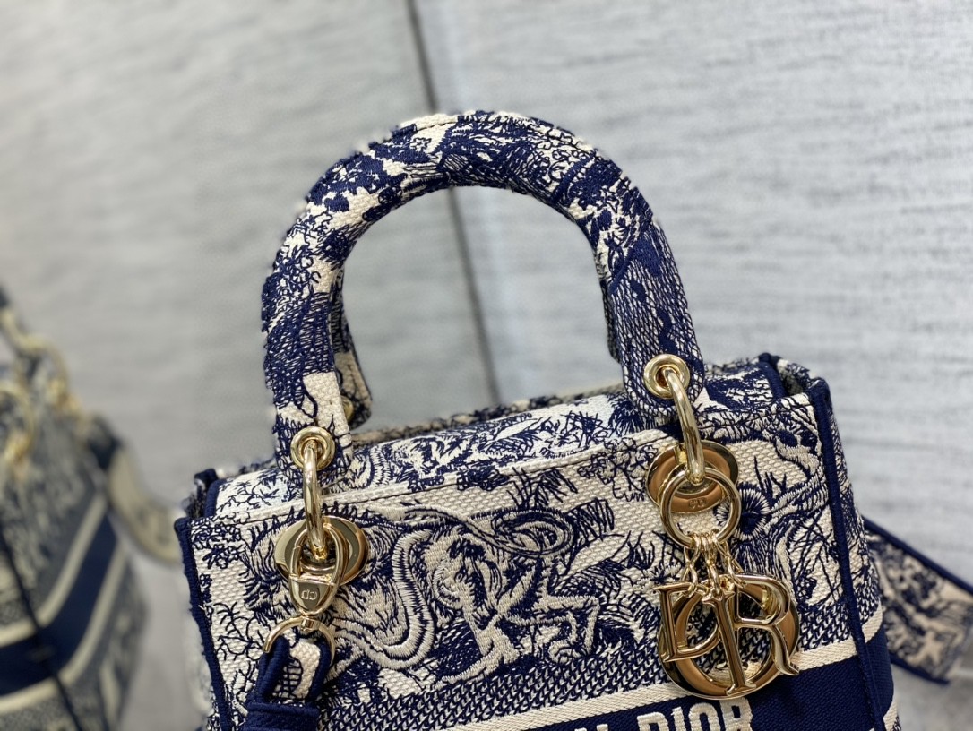 Lady D-Lith Bag Medium Blue Toile de Jouy Reverse Embroidery