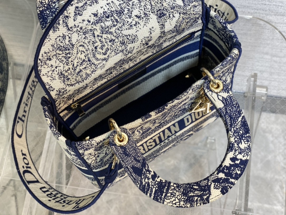 Lady D-Lith Bag Medium Blue Toile de Jouy Reverse Embroidery