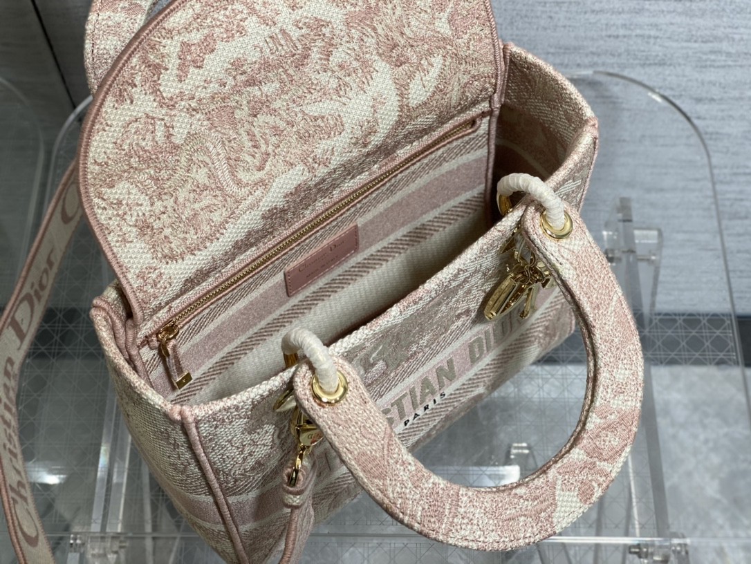 Lady D-Lith Bag Medium Pink Toile de Jouy Reverse Embroidery