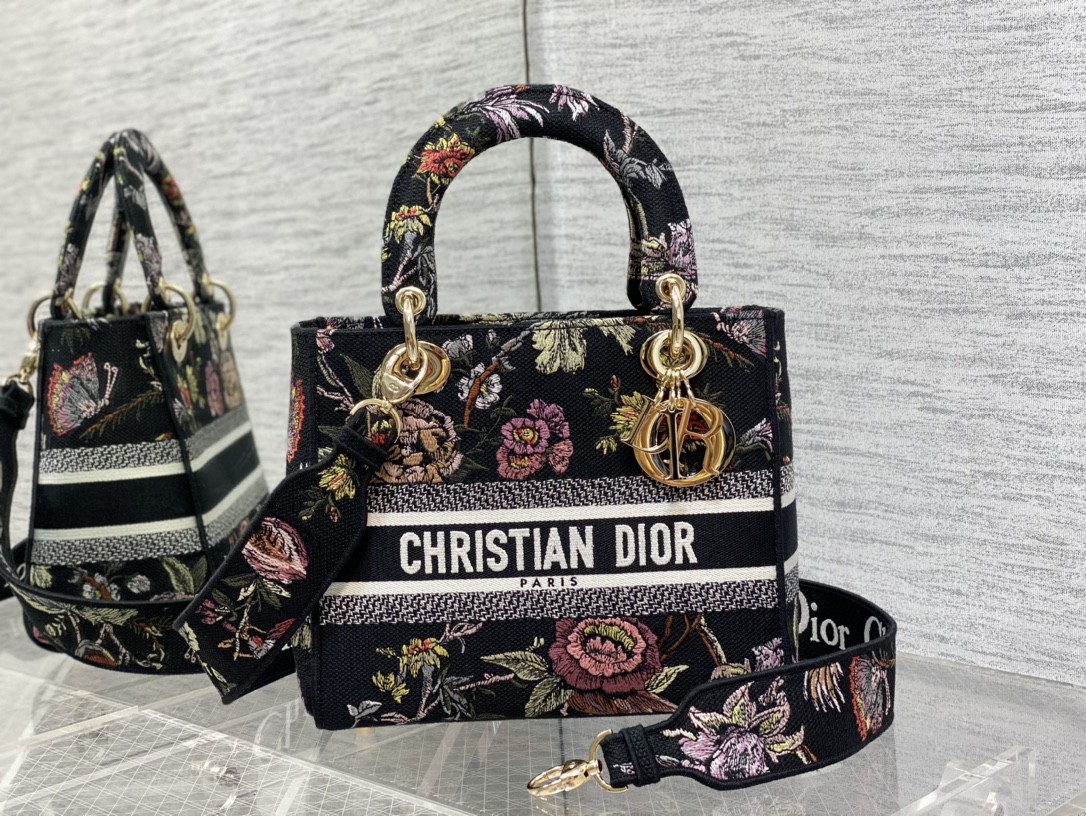 Lady D-Lith Bag Medium Powder Black Dior Jardin Botanique Embroidery