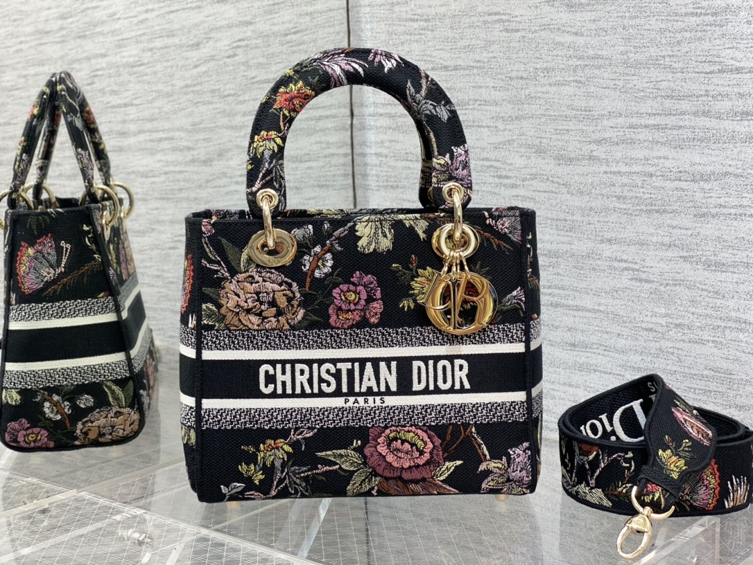 Lady D-Lith Bag Medium Powder Black Dior Jardin Botanique Embroidery