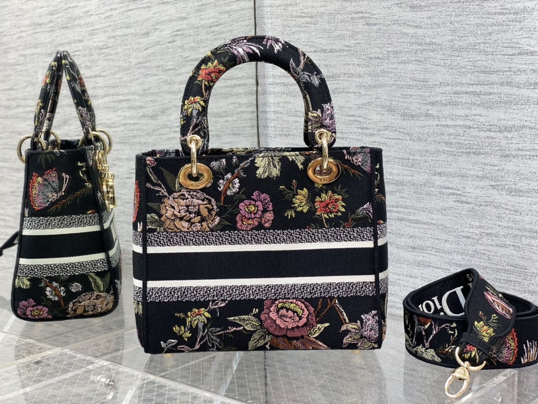 Lady D-Lith Bag Medium Powder Black Dior Jardin Botanique Embroidery