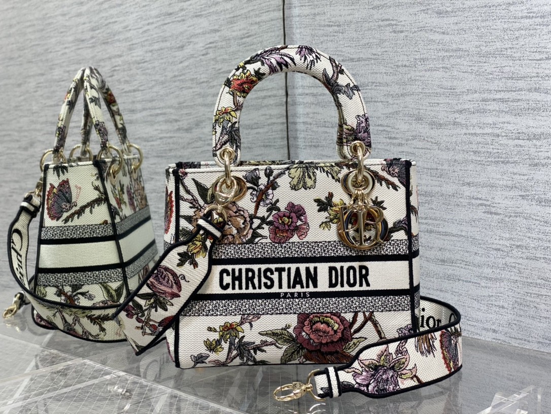 Lady D-Lith Bag Medium Powder White Dior Jardin Botanique Embroidery