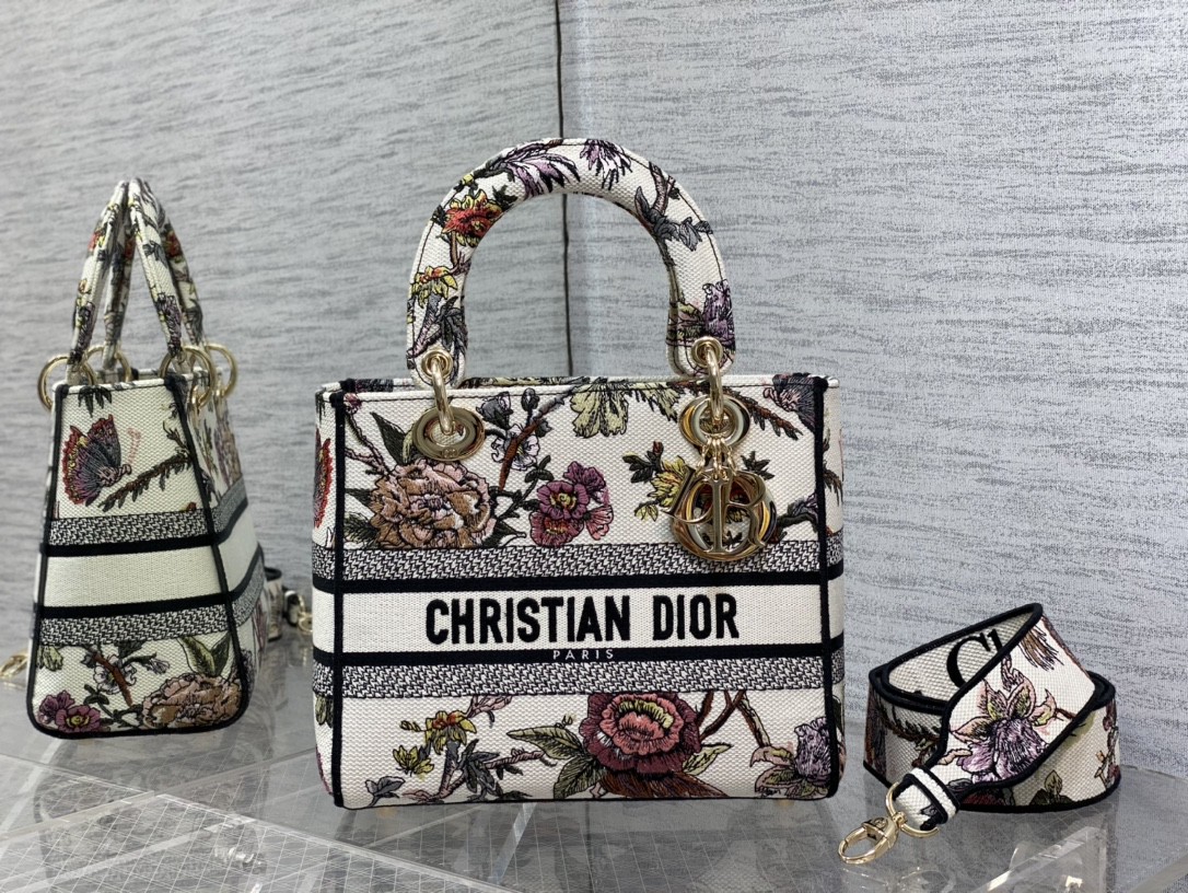 Lady D-Lith Bag Medium Powder White Dior Jardin Botanique Embroidery