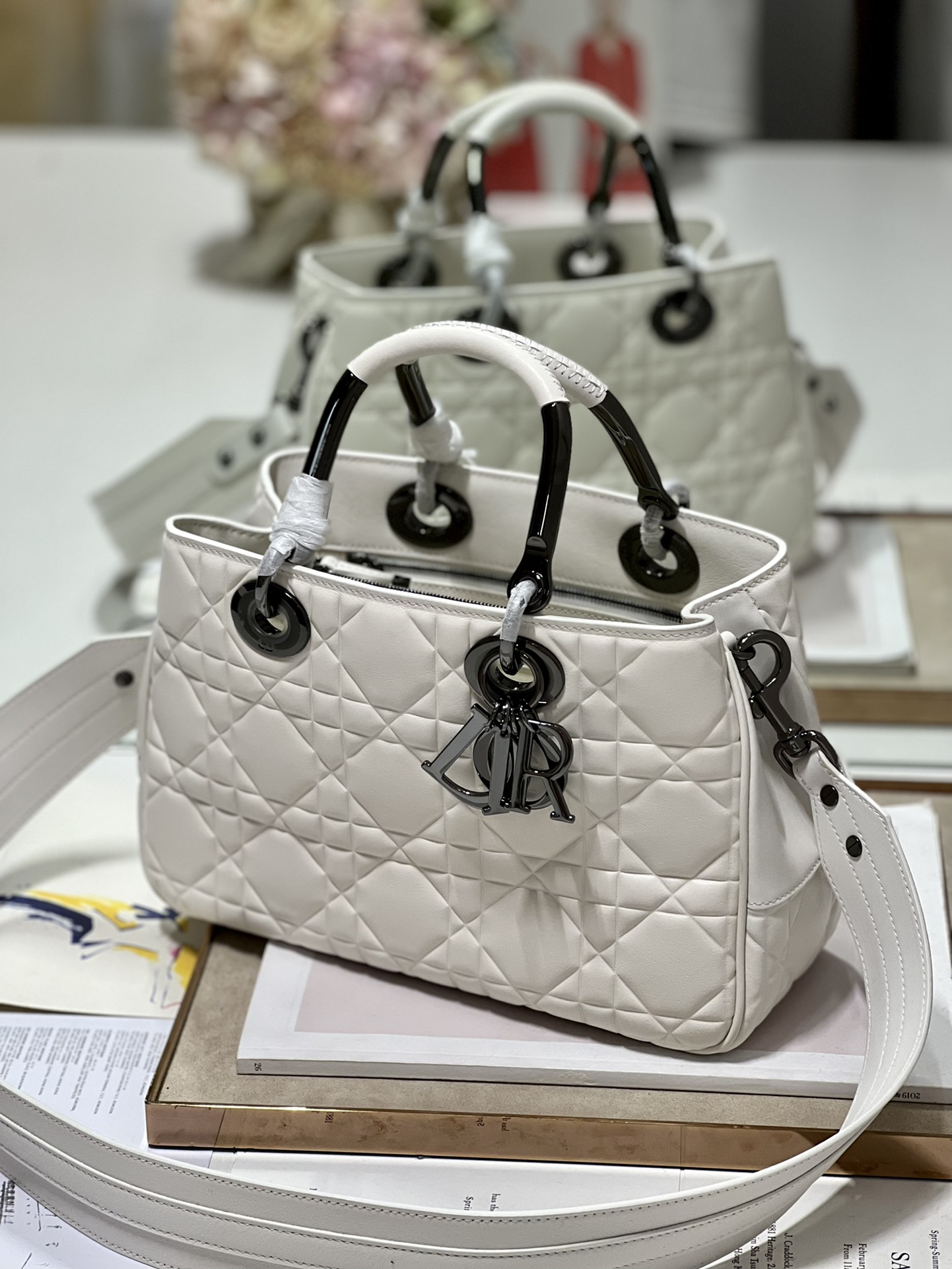 Lady Dior 95.22 Large White Cannage Lambskin With Black Hardware 