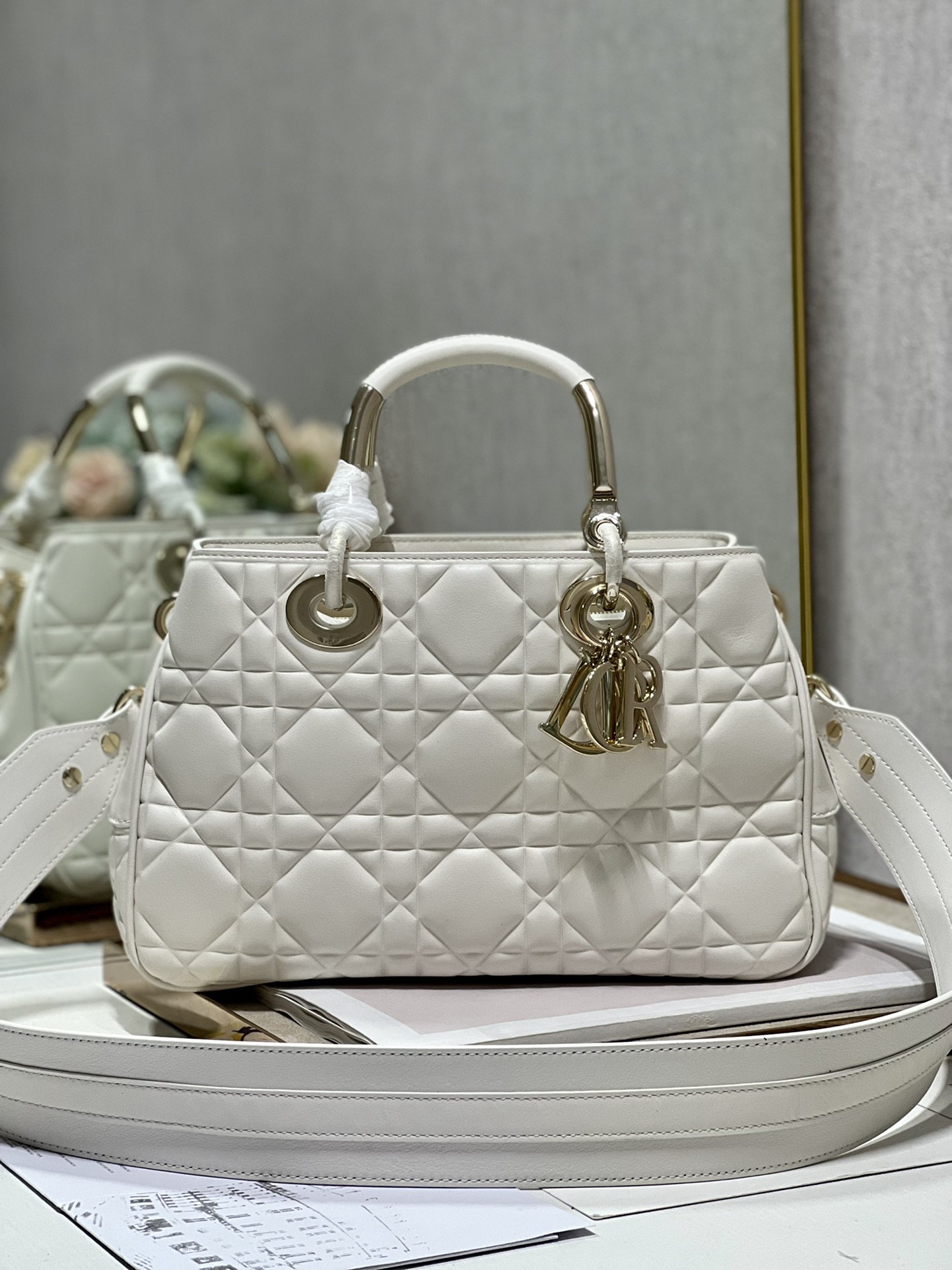 Lady Dior 95.22 Large White Cannage Lambskin With Gold Hardware 