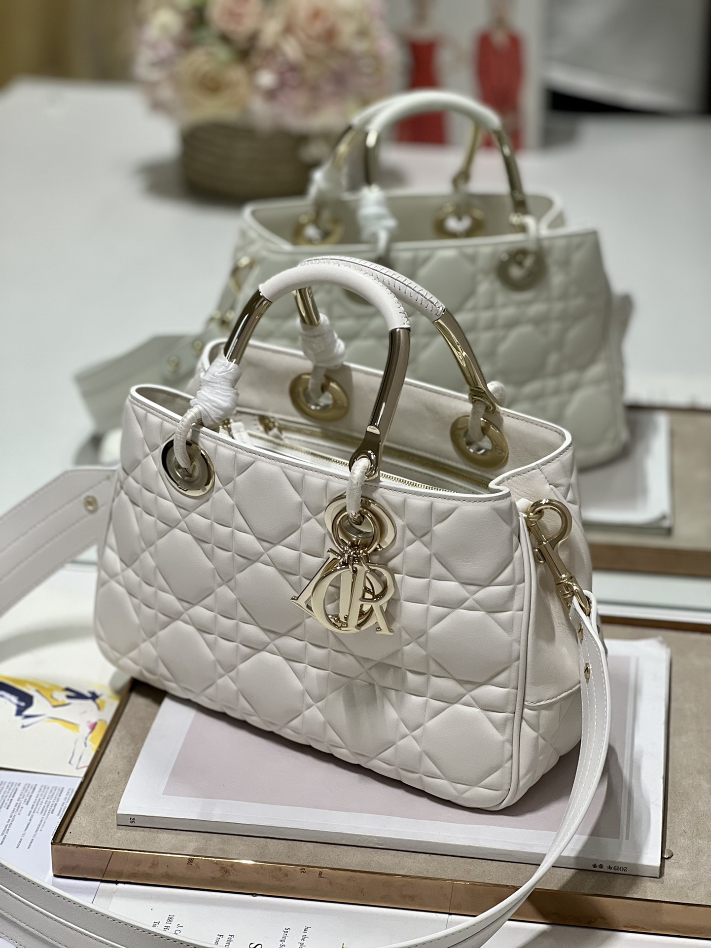 Lady Dior 95.22 Large White Cannage Lambskin With Gold Hardware 