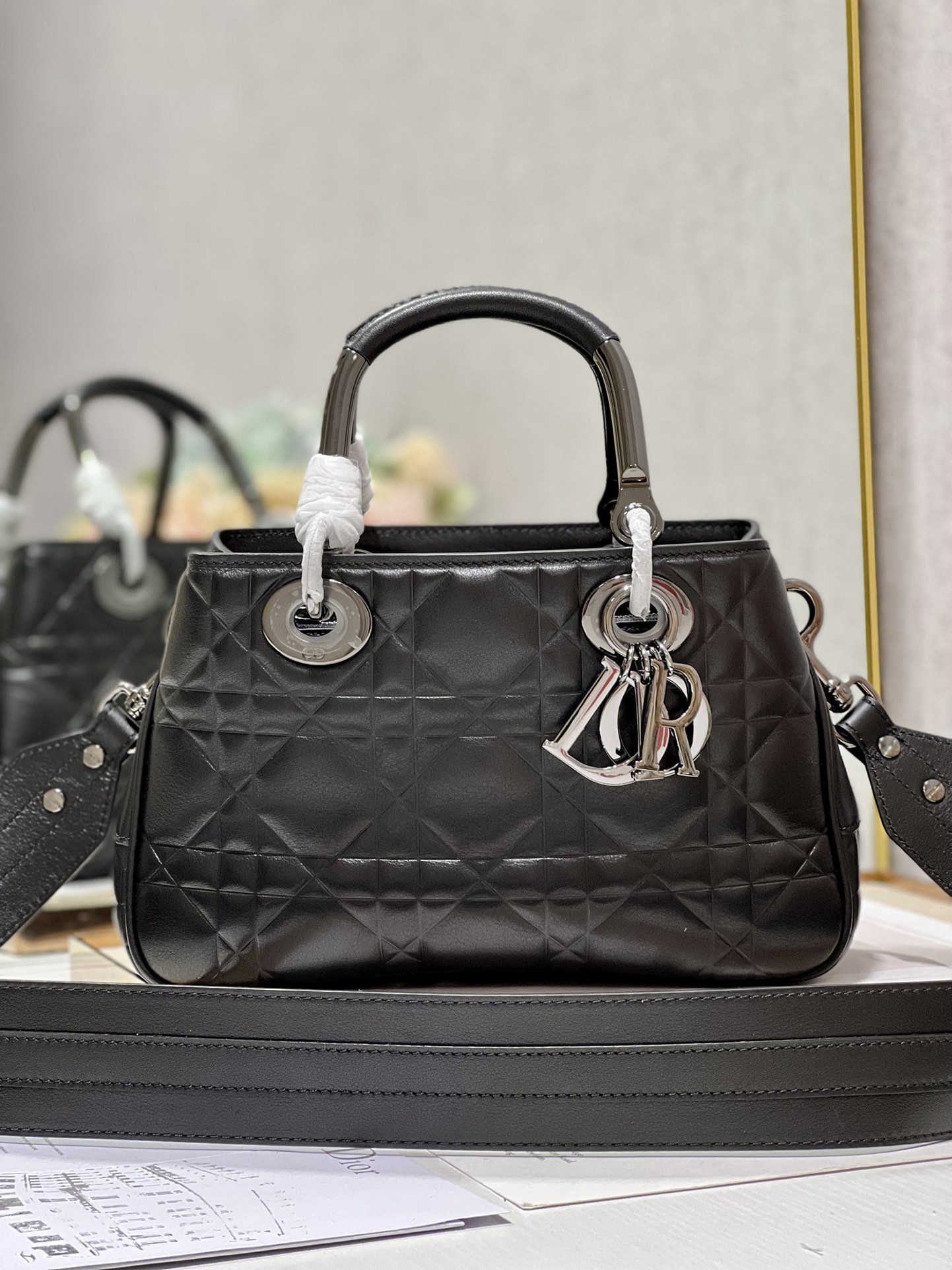 Lady Dior 95.22 Medium Black Cannage Lambskin With Silver Hardware 