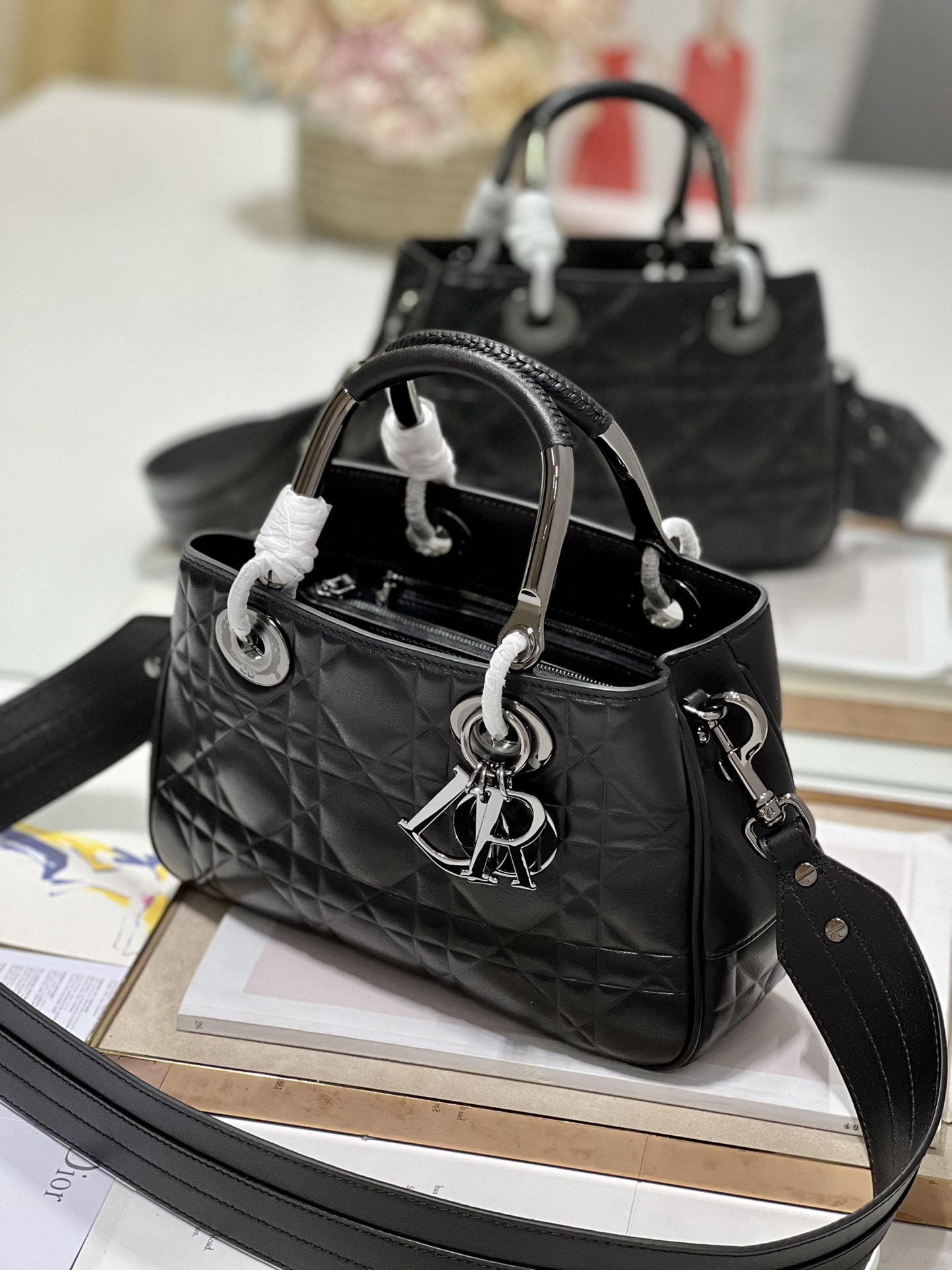 Lady Dior 95.22 Medium Black Cannage Lambskin With Silver Hardware 