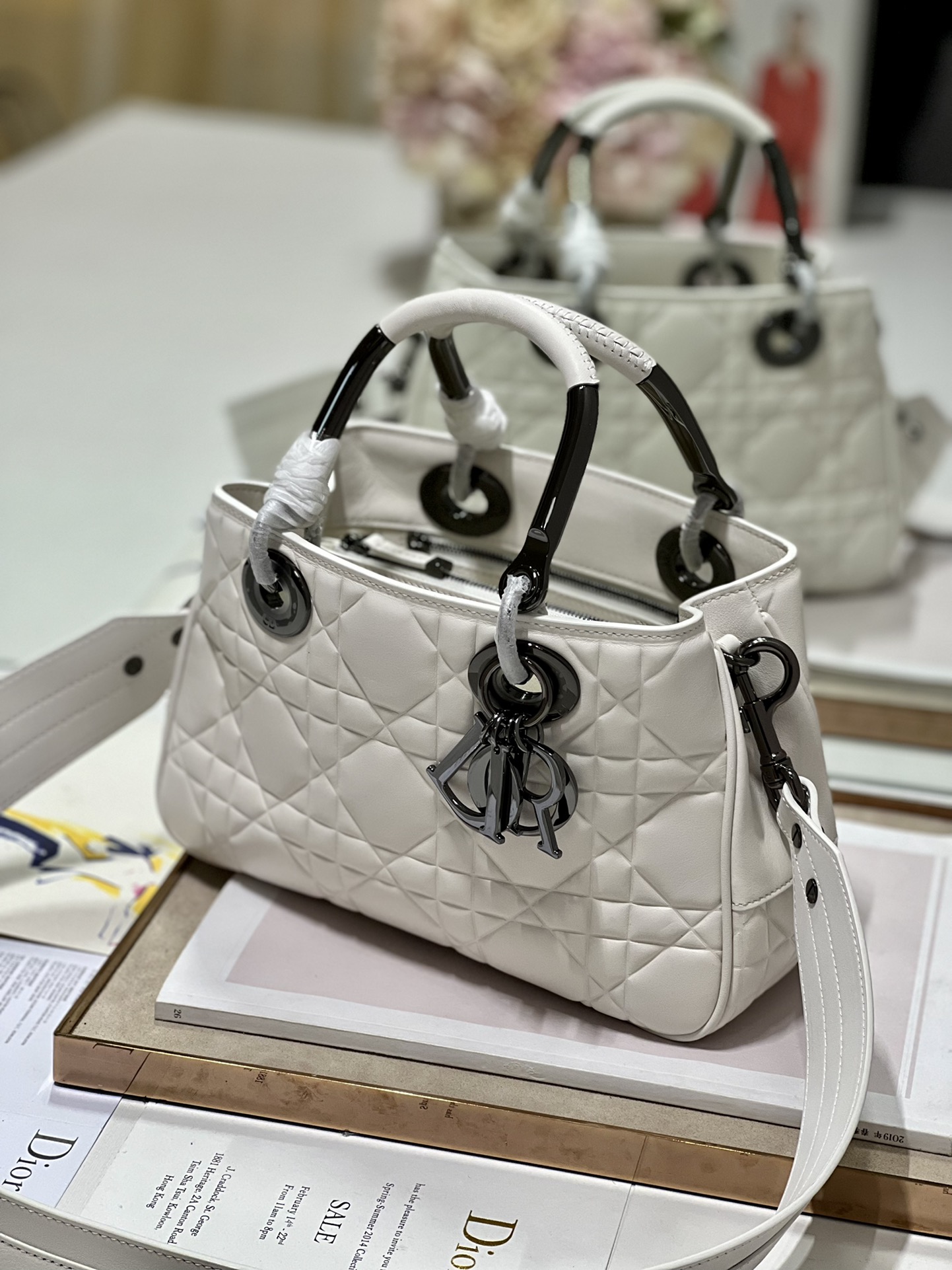 Lady Dior 95.22 Medium White Cannage Lambskin With Black Hardware 