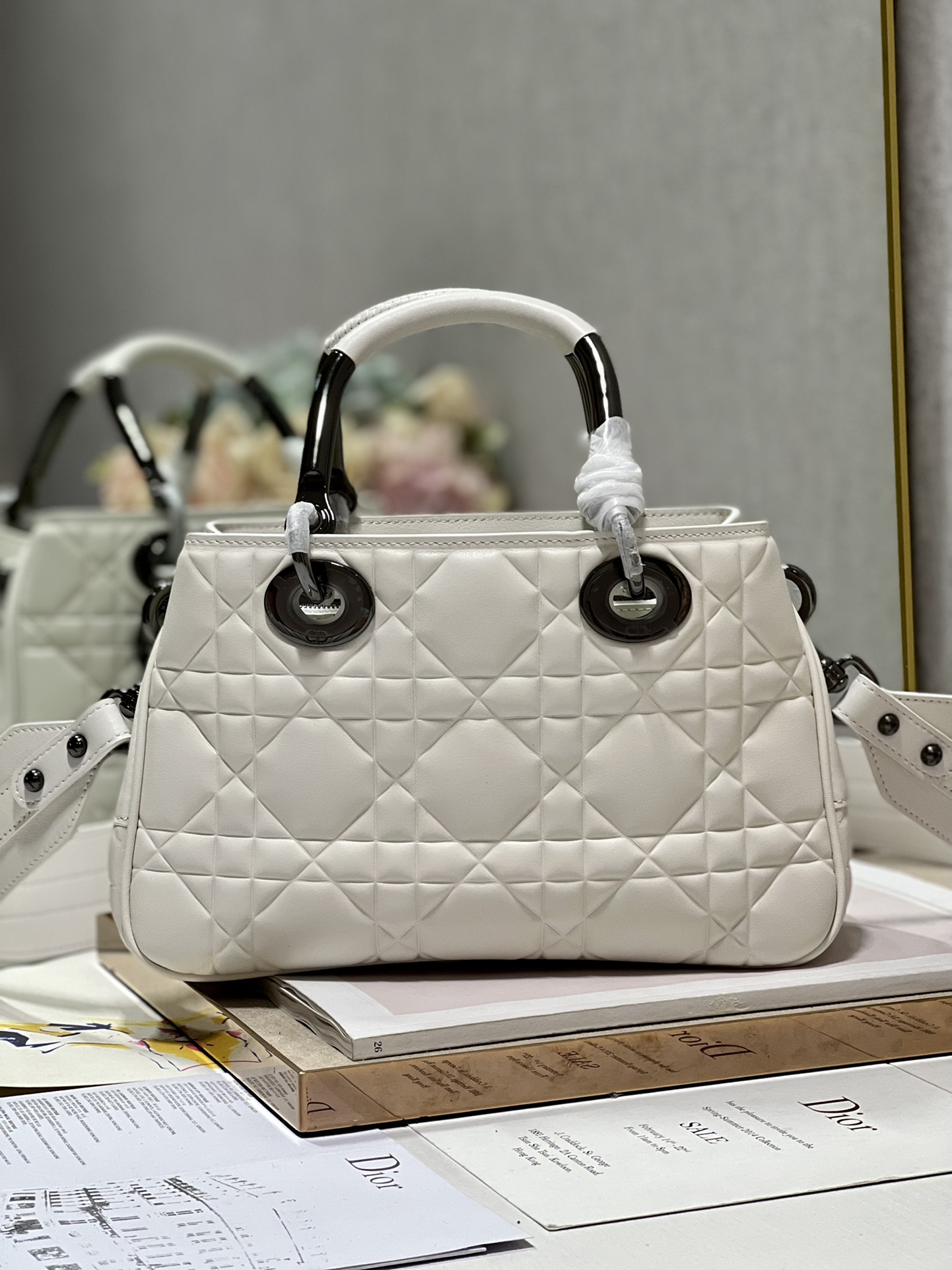 Lady Dior 95.22 Medium White Cannage Lambskin With Black Hardware 