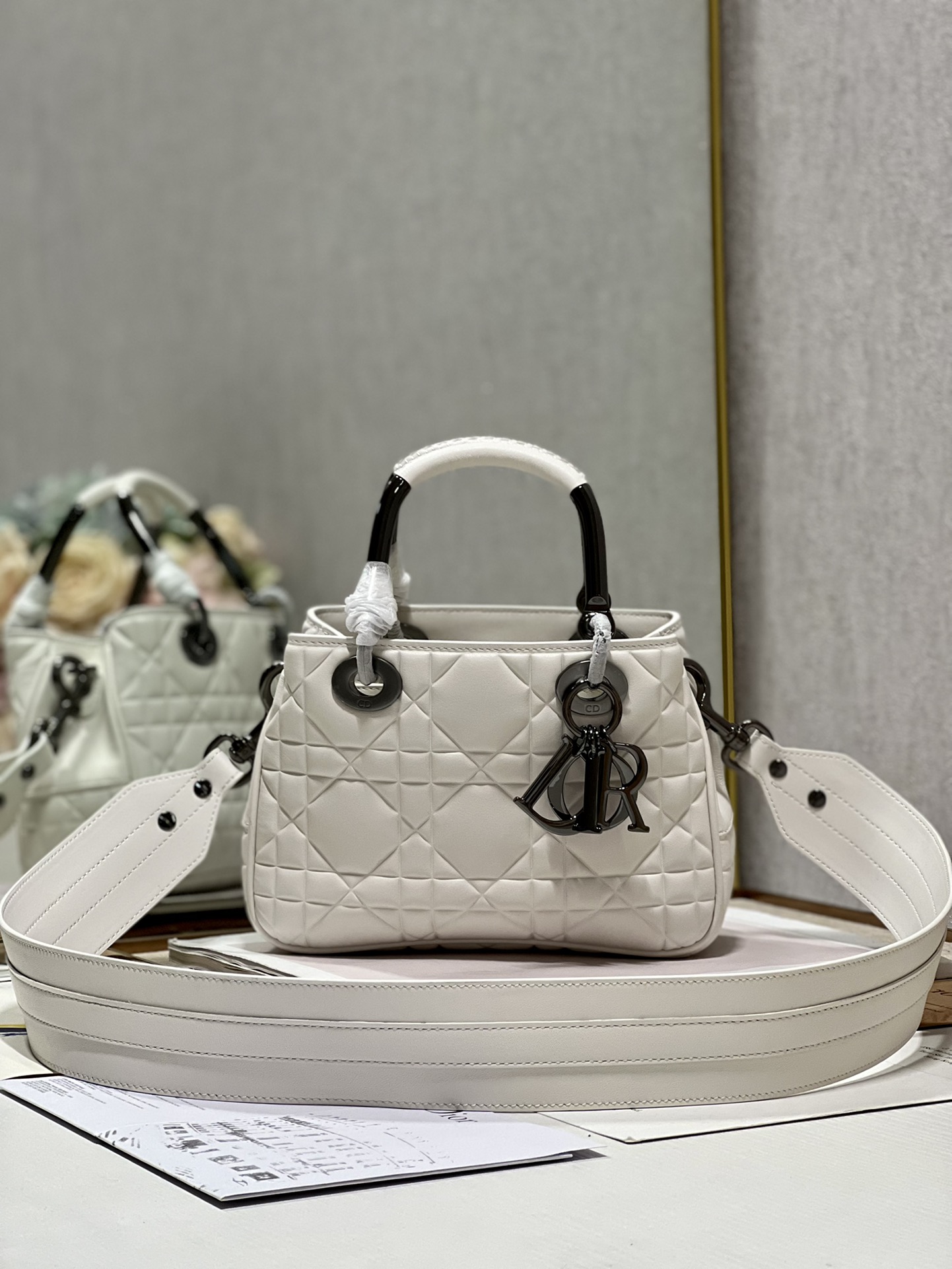 Lady Dior 95.22 Small White Cannage Lambskin With Black Hardware 