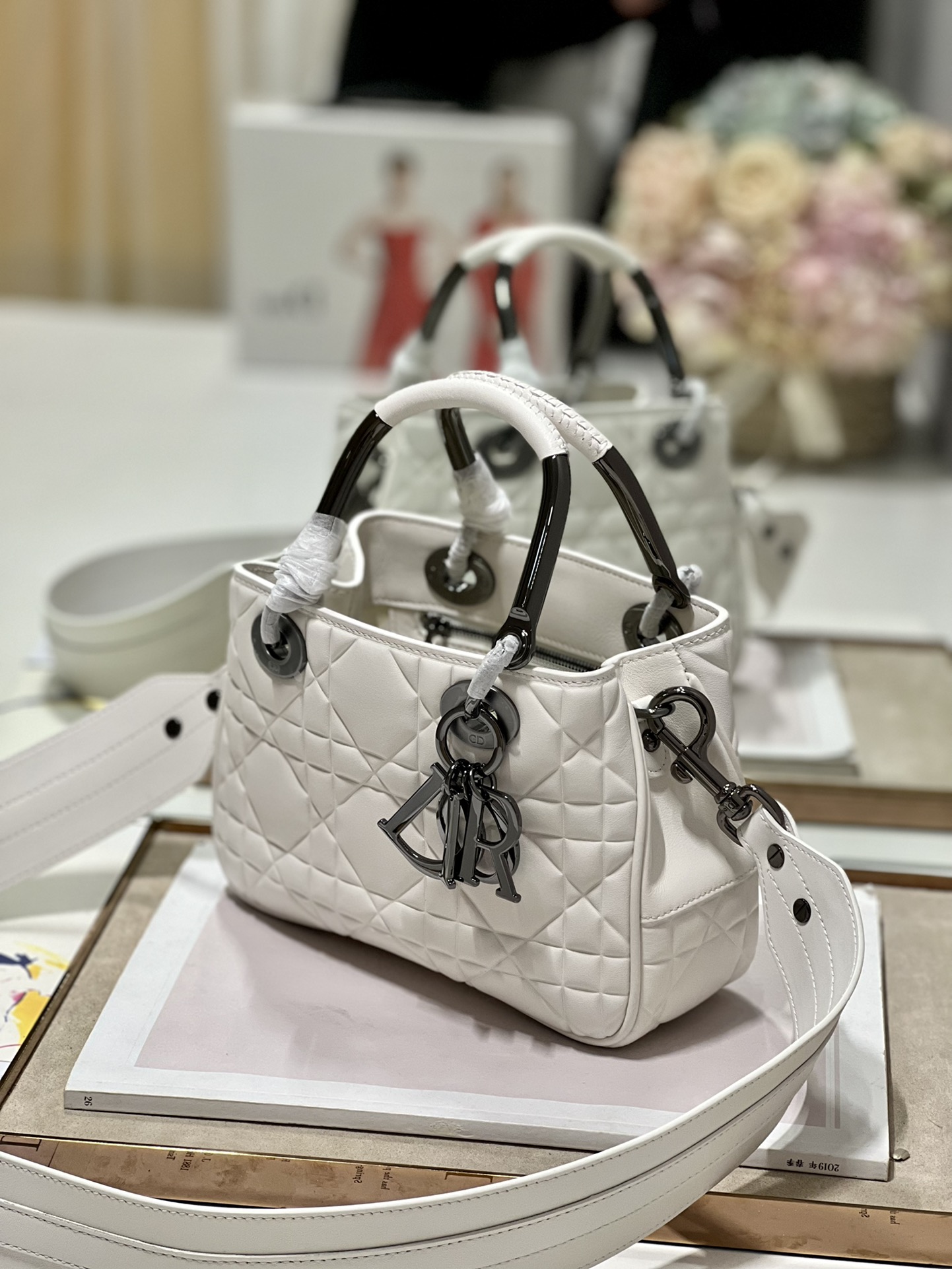 Lady Dior 95.22 Small White Cannage Lambskin With Black Hardware 