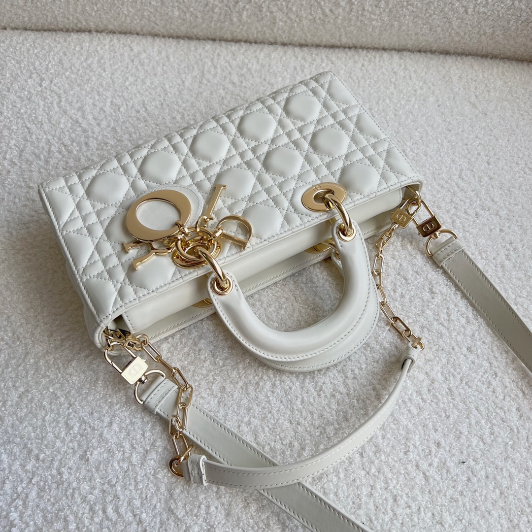 Lady Dior D-JOY Bag Latte Cannage Lambskin White