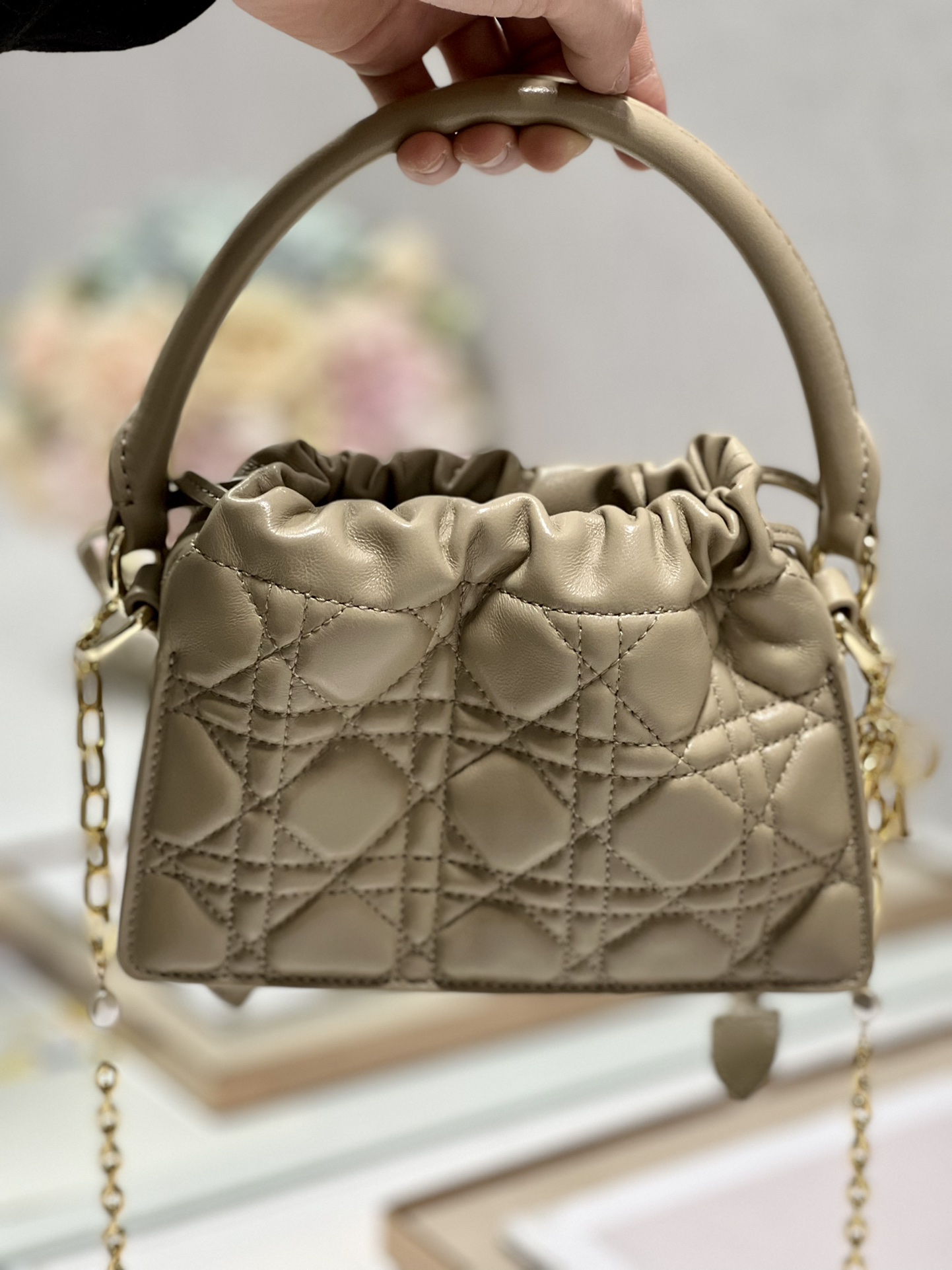 Lady Dior Top Handle Drawstring Mini Bag Cannage Lambskin Bige