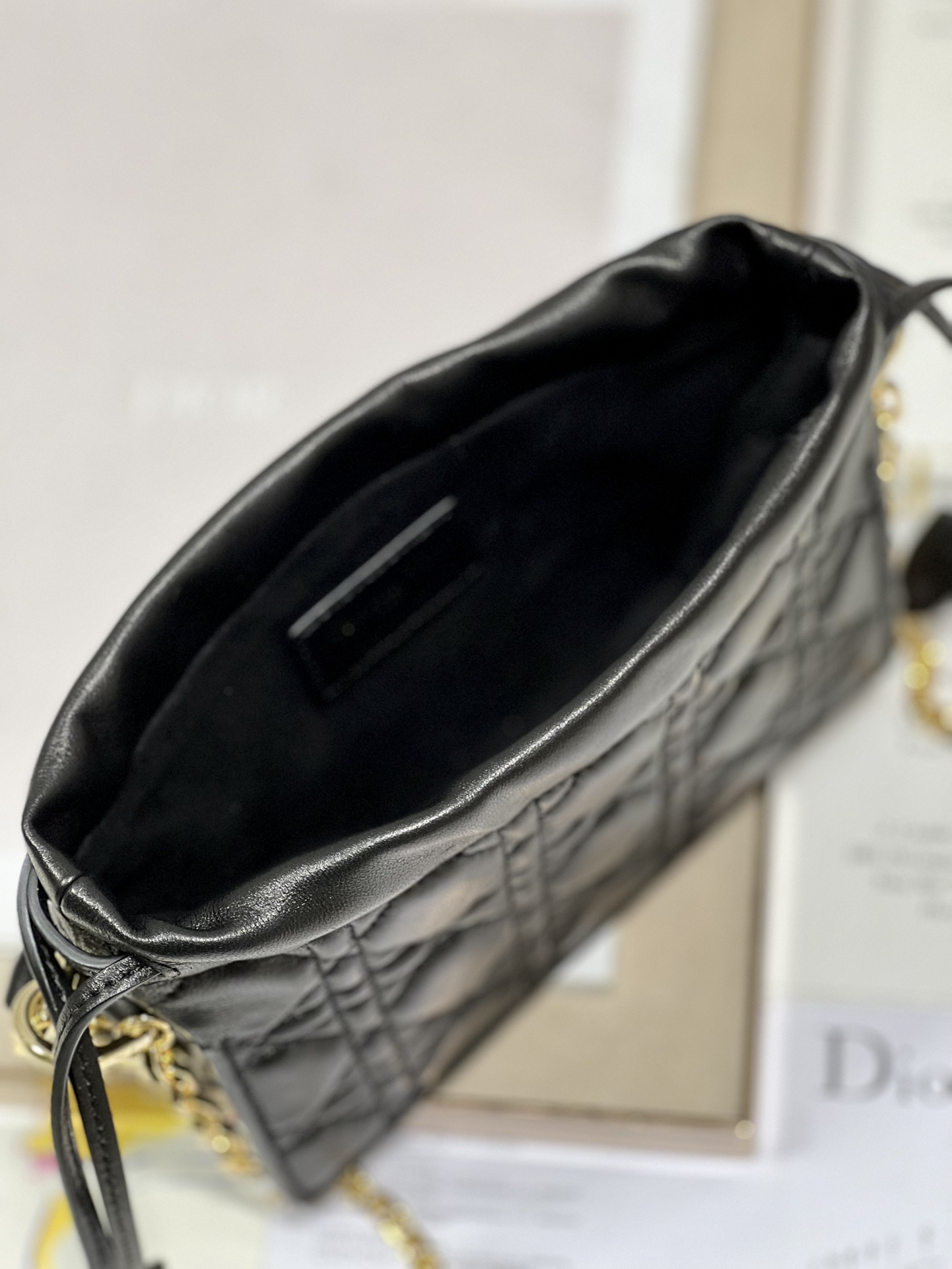 Lady Dior Top Handle Drawstring Mini Bag Cannage Lambskin Black