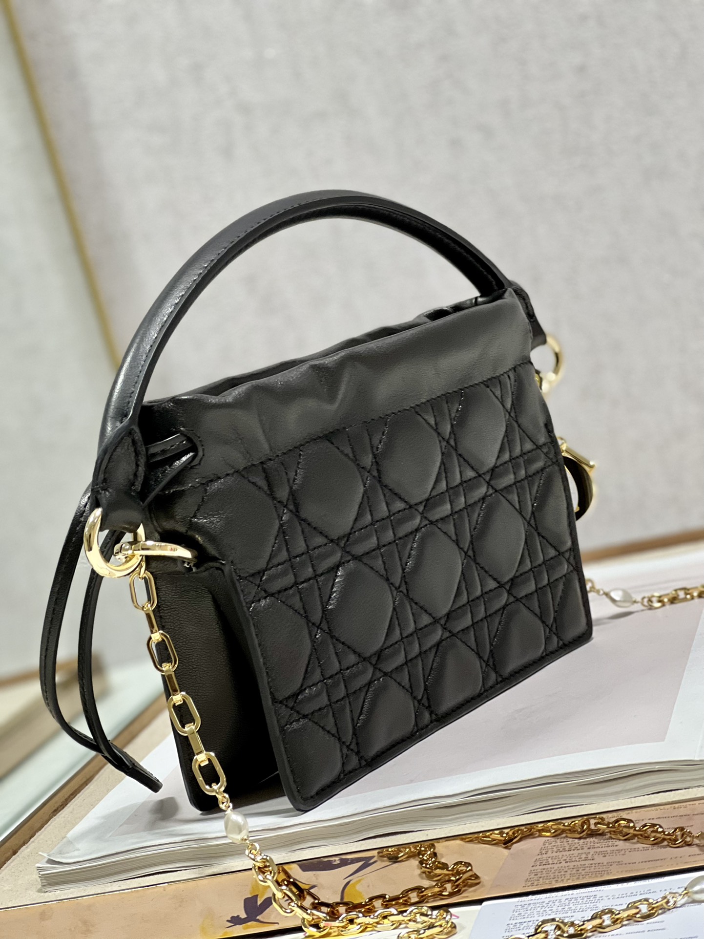 Lady Dior Top Handle Drawstring Mini Bag Cannage Lambskin Black