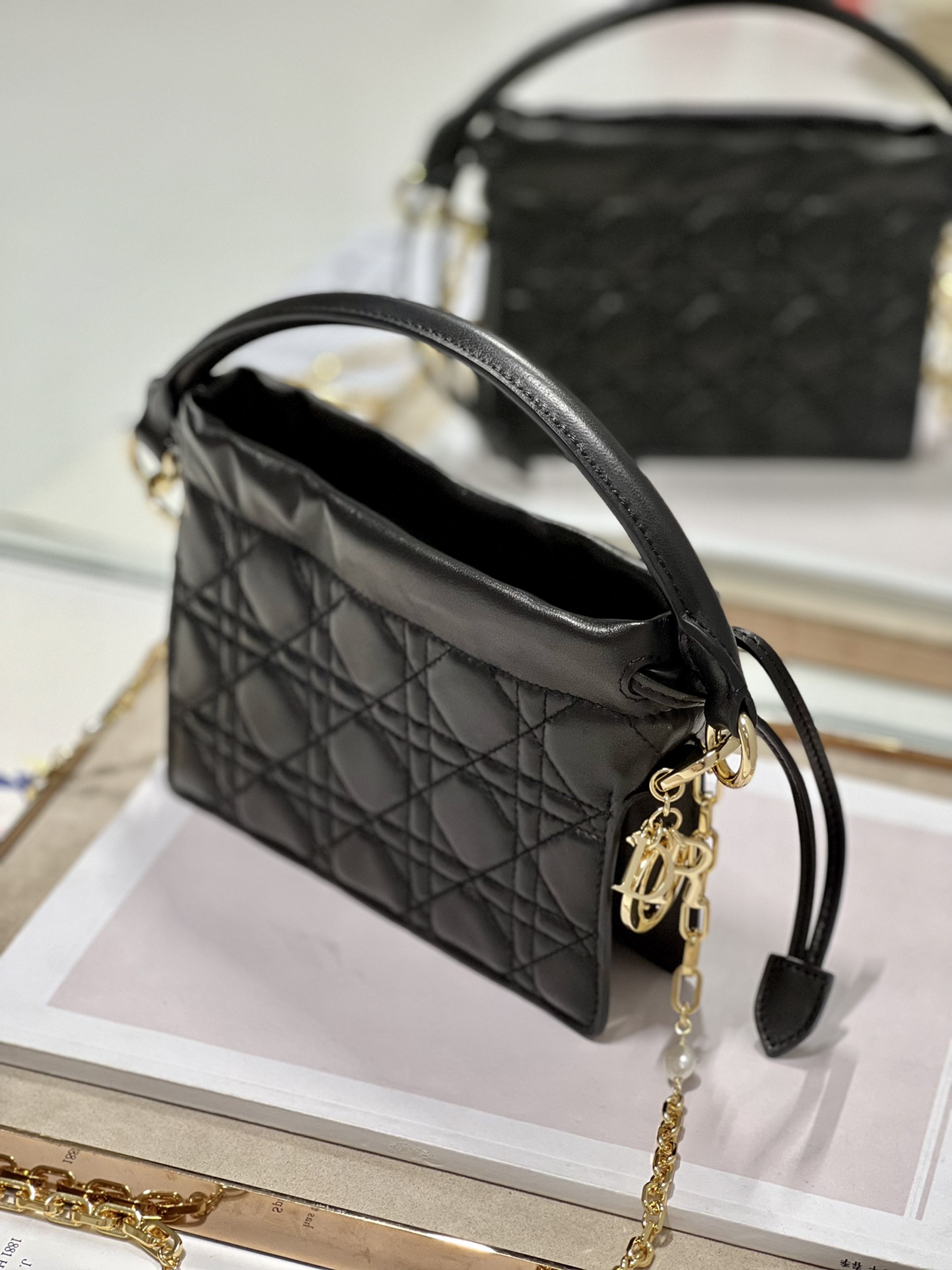 Lady Dior Top Handle Drawstring Mini Bag Cannage Lambskin Black