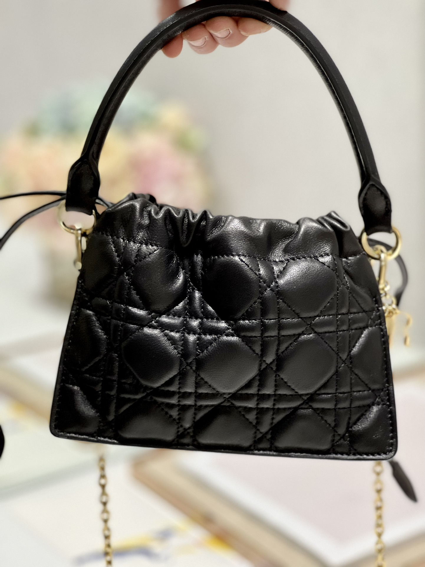 Lady Dior Top Handle Drawstring Mini Bag Cannage Lambskin Black