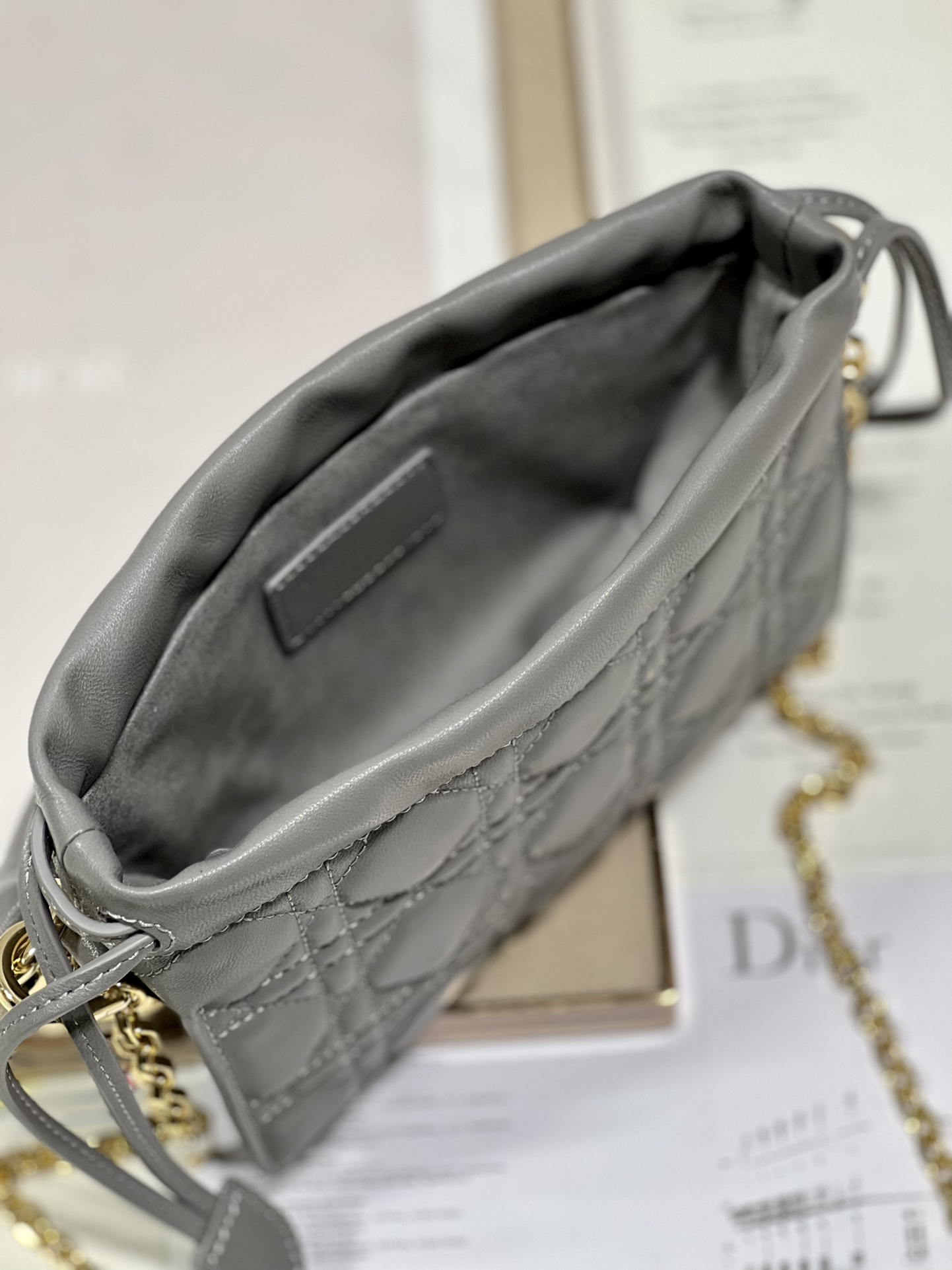 Lady Dior Top Handle Drawstring Mini Bag Cannage Lambskin Gray