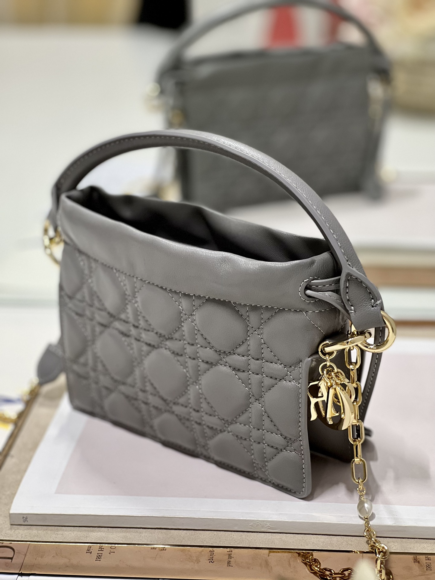 Lady Dior Top Handle Drawstring Mini Bag Cannage Lambskin Gray