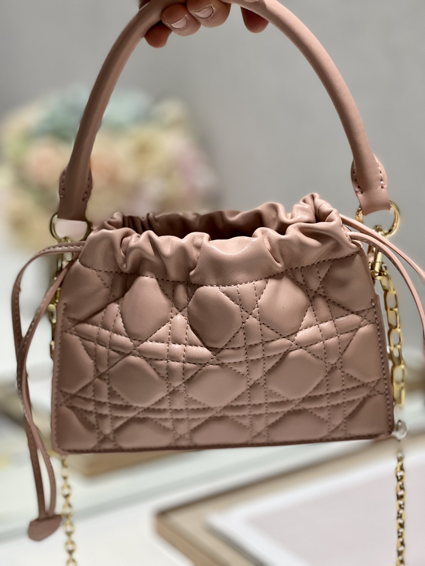 Lady Dior Top Handle Drawstring Mini Bag Cannage Lambskin Pink