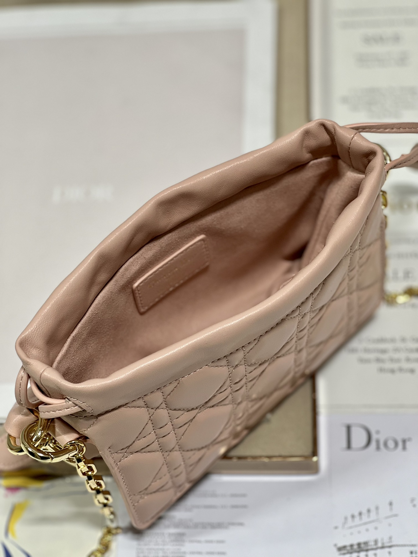 Lady Dior Top Handle Drawstring Mini Bag Cannage Lambskin Pink