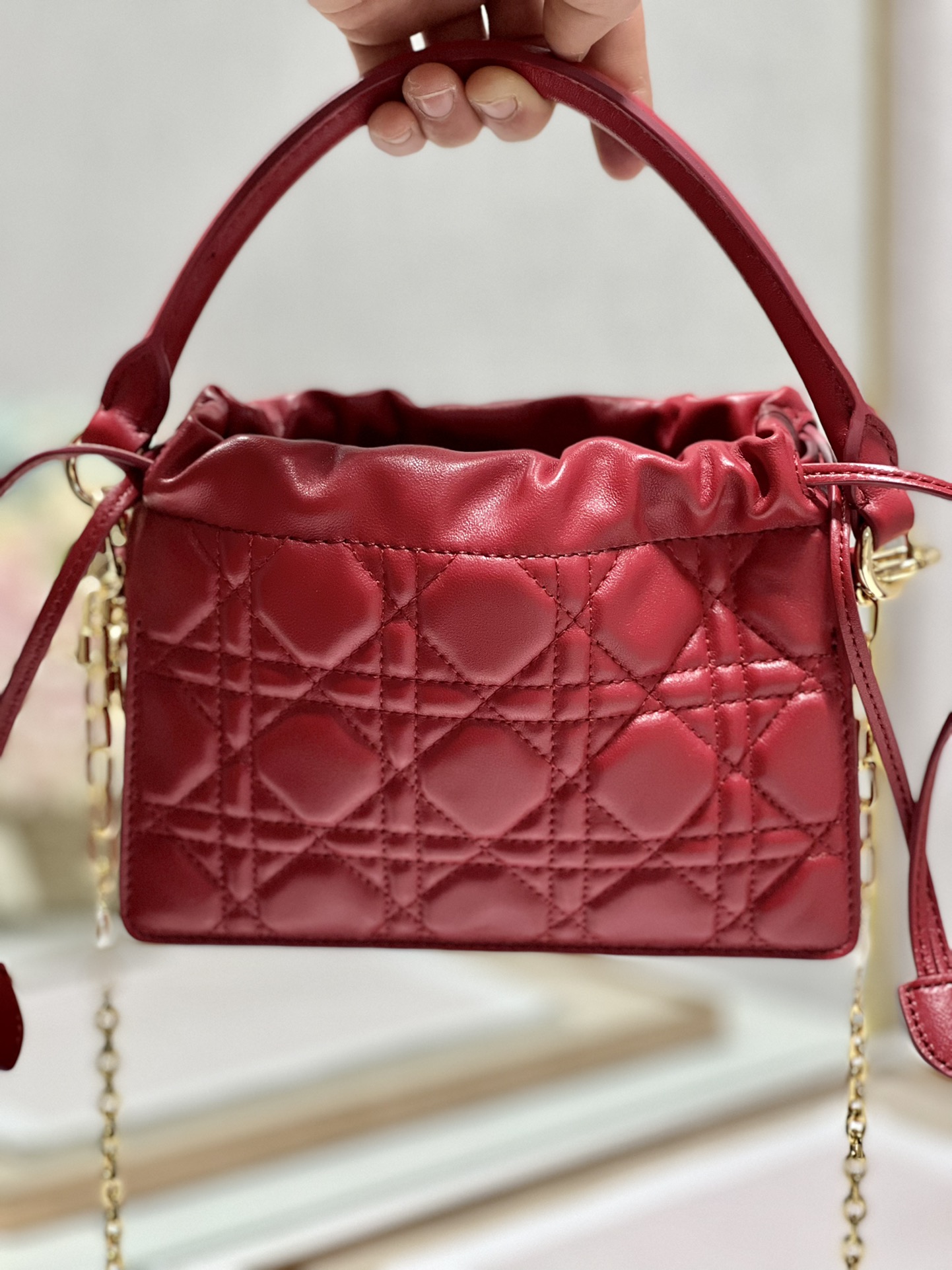 Lady Dior Top Handle Drawstring Mini Bag Cannage Lambskin Red