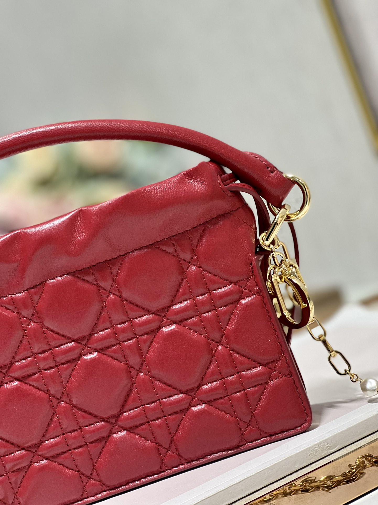 Lady Dior Top Handle Drawstring Mini Bag Cannage Lambskin Red