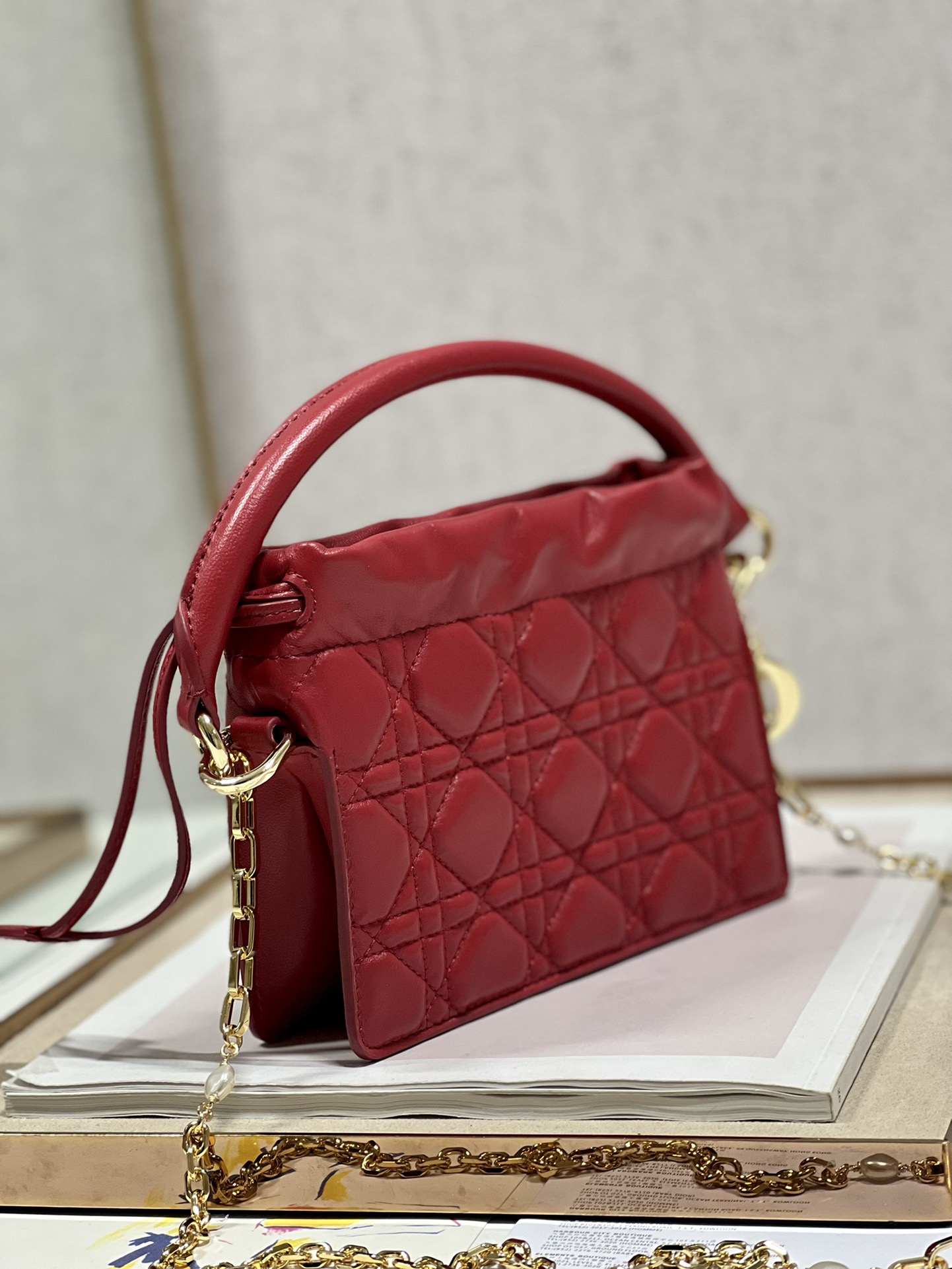 Lady Dior Top Handle Drawstring Mini Bag Cannage Lambskin Red