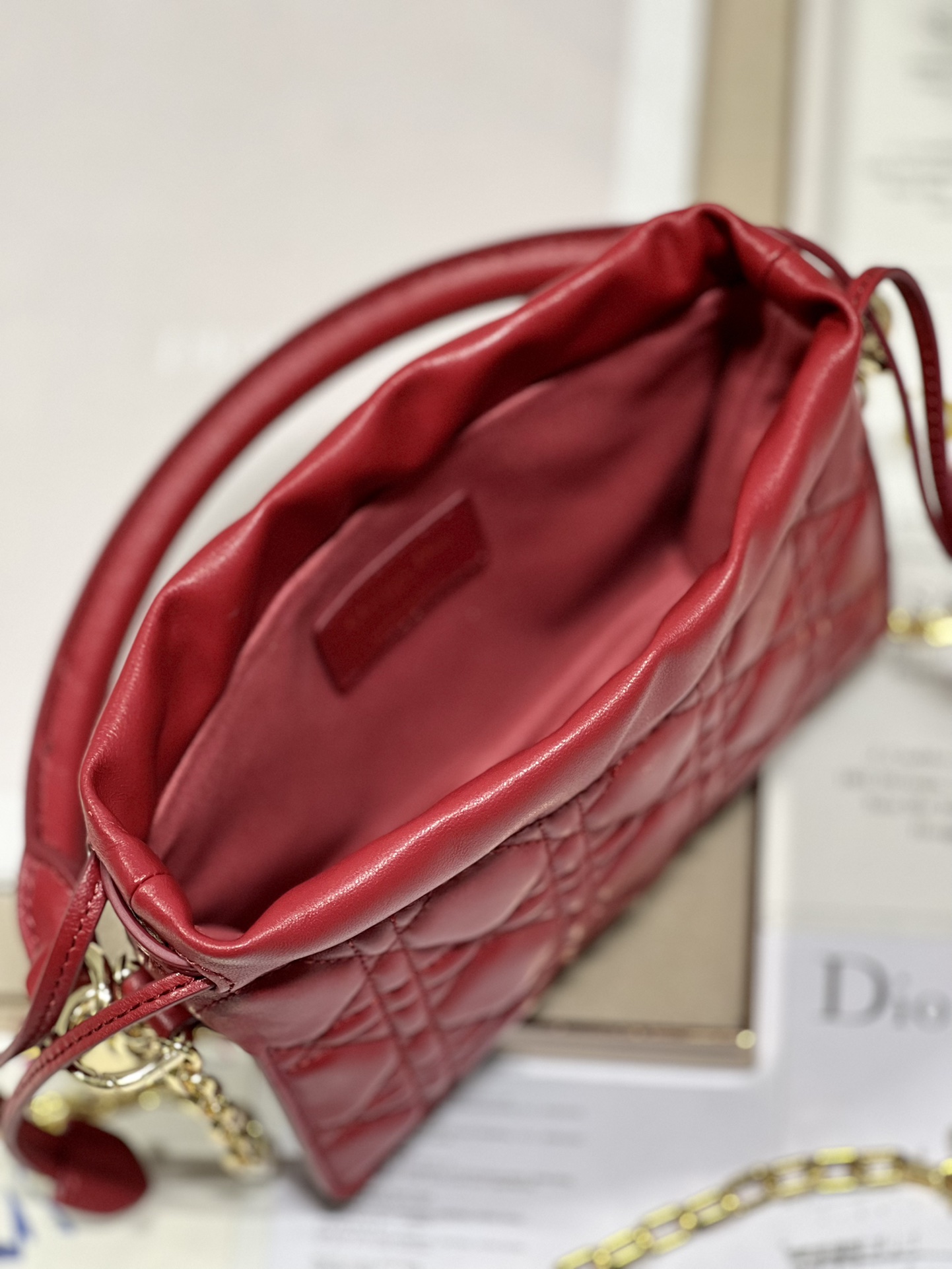 Lady Dior Top Handle Drawstring Mini Bag Cannage Lambskin Red