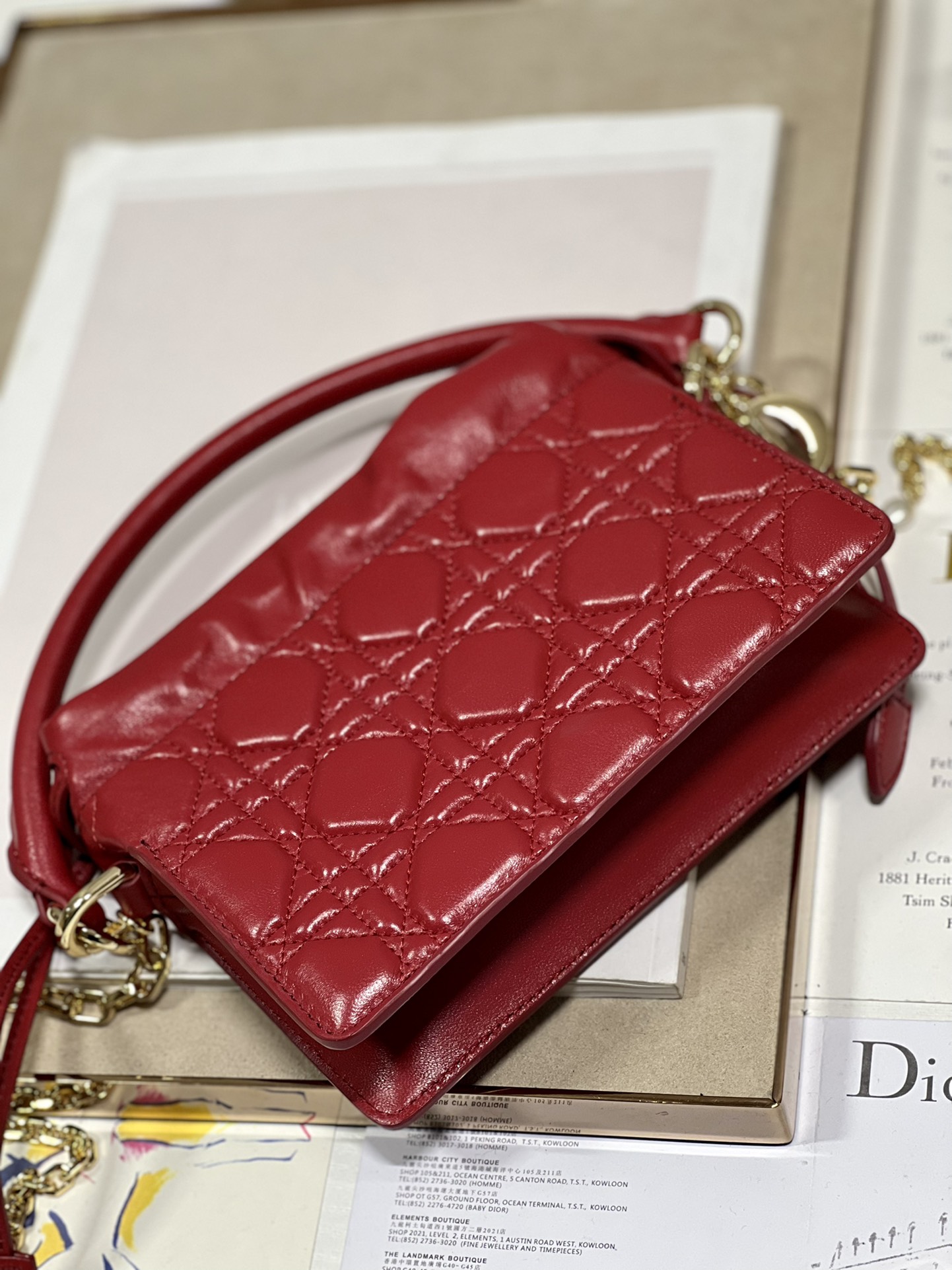 Lady Dior Top Handle Drawstring Mini Bag Cannage Lambskin Red