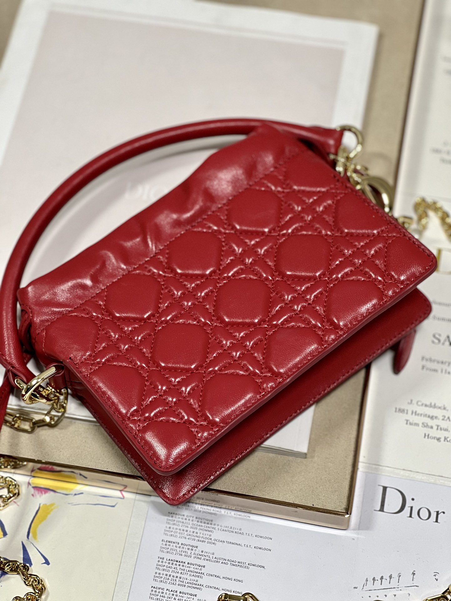 Lady Dior Top Handle Drawstring Mini Bag Cannage Lambskin Red