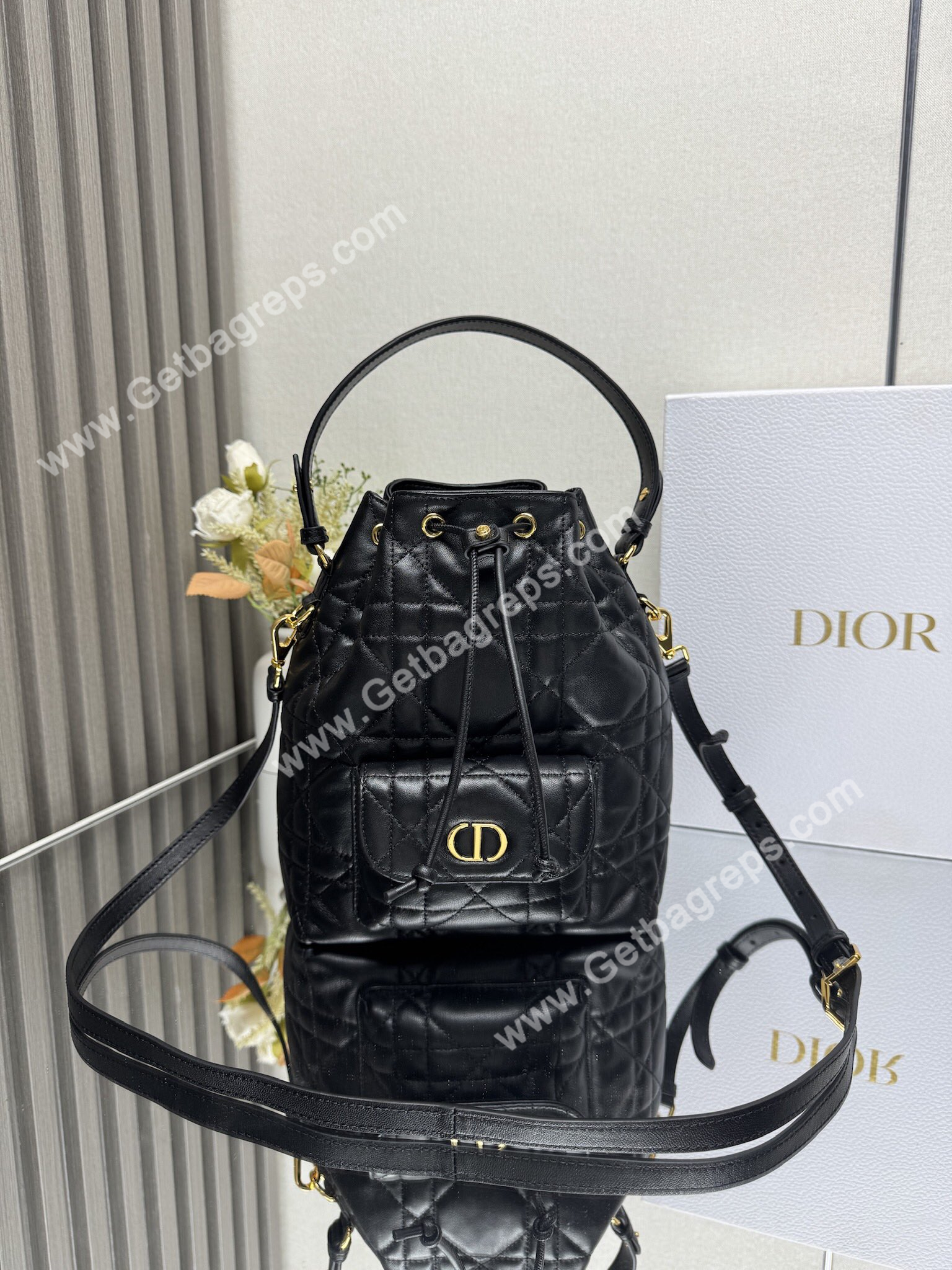 Large Dior Caro Bucket Bag Black