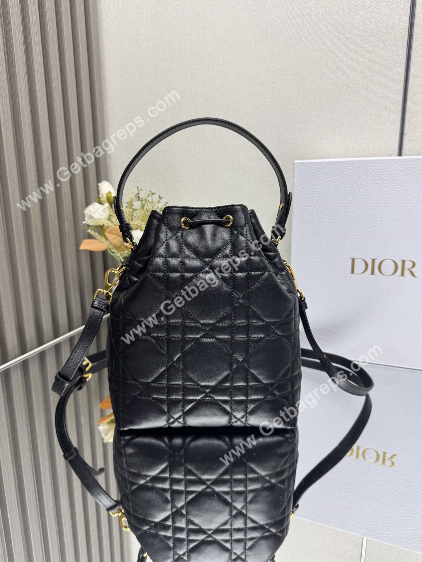 Large Dior Caro Bucket Bag Black