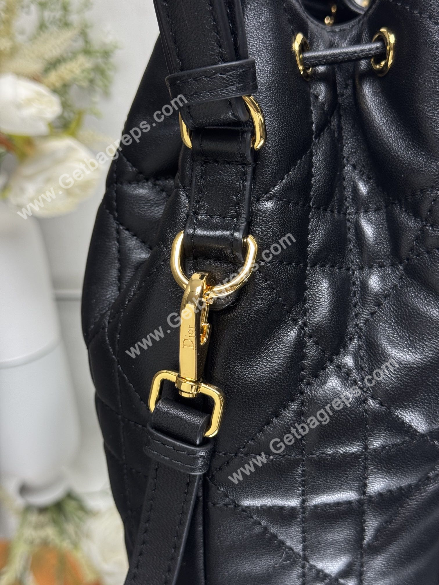 Large Dior Caro Bucket Bag Black