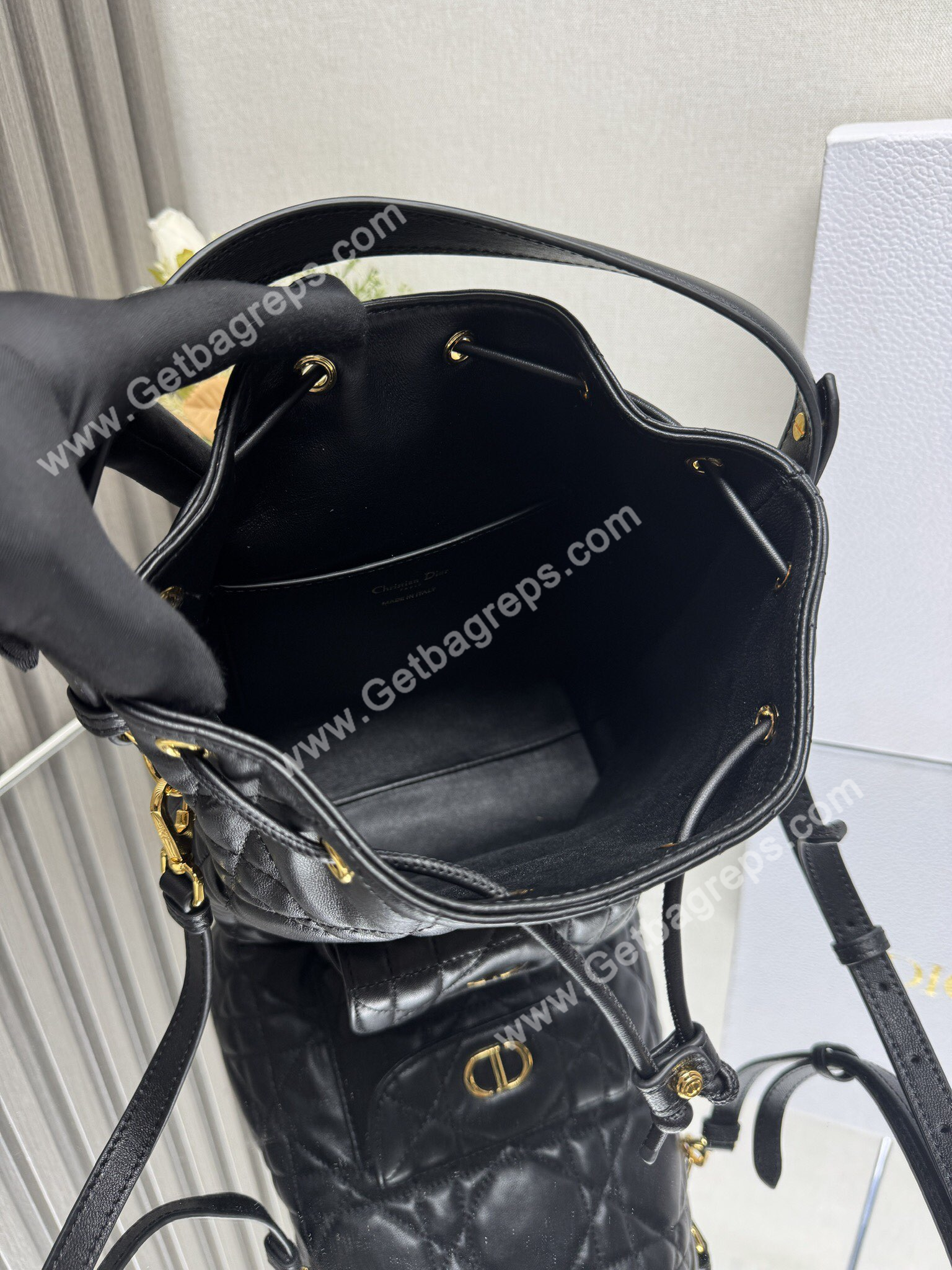 Large Dior Caro Bucket Bag Black