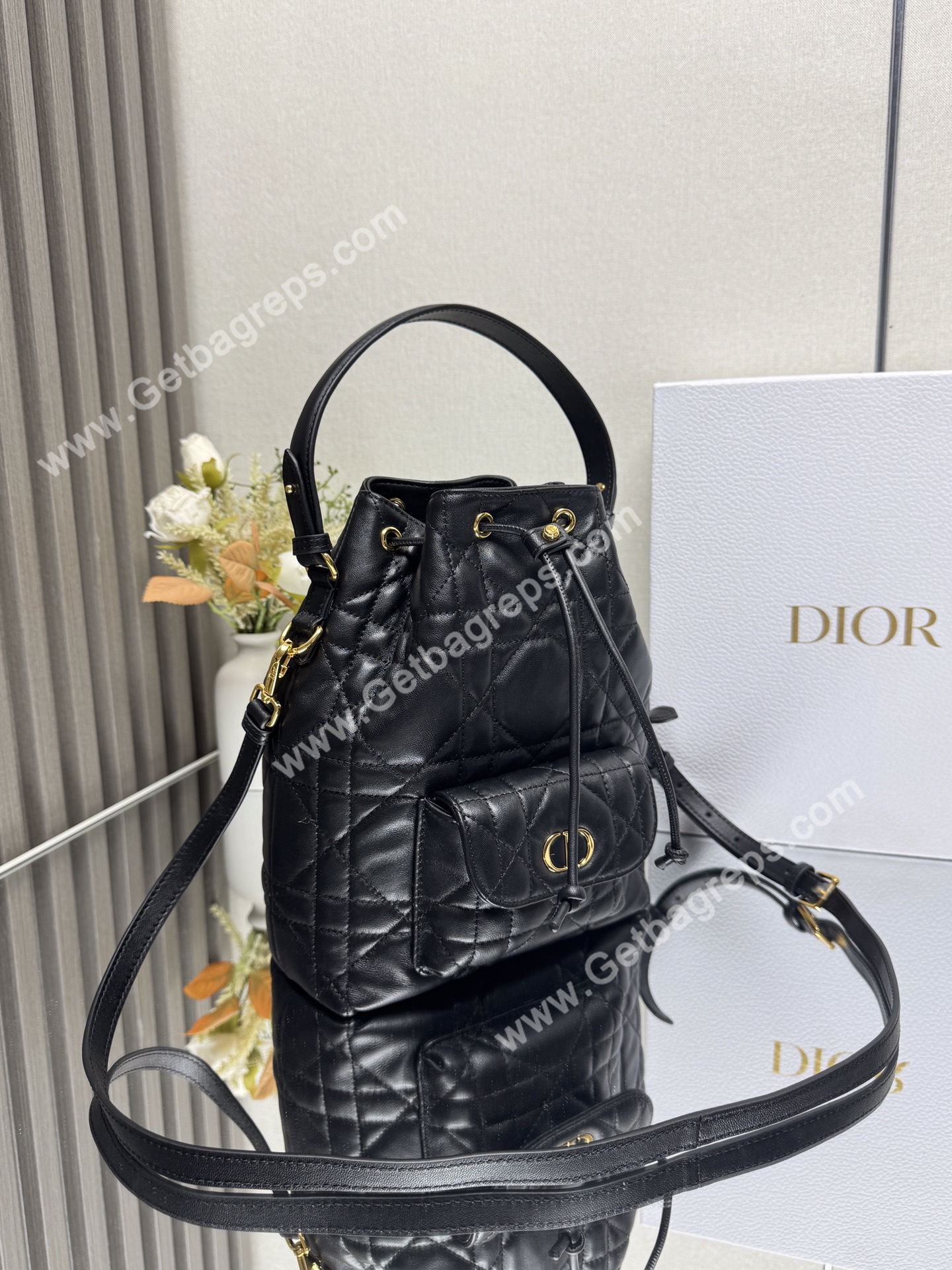 Large Dior Caro Bucket Bag Black