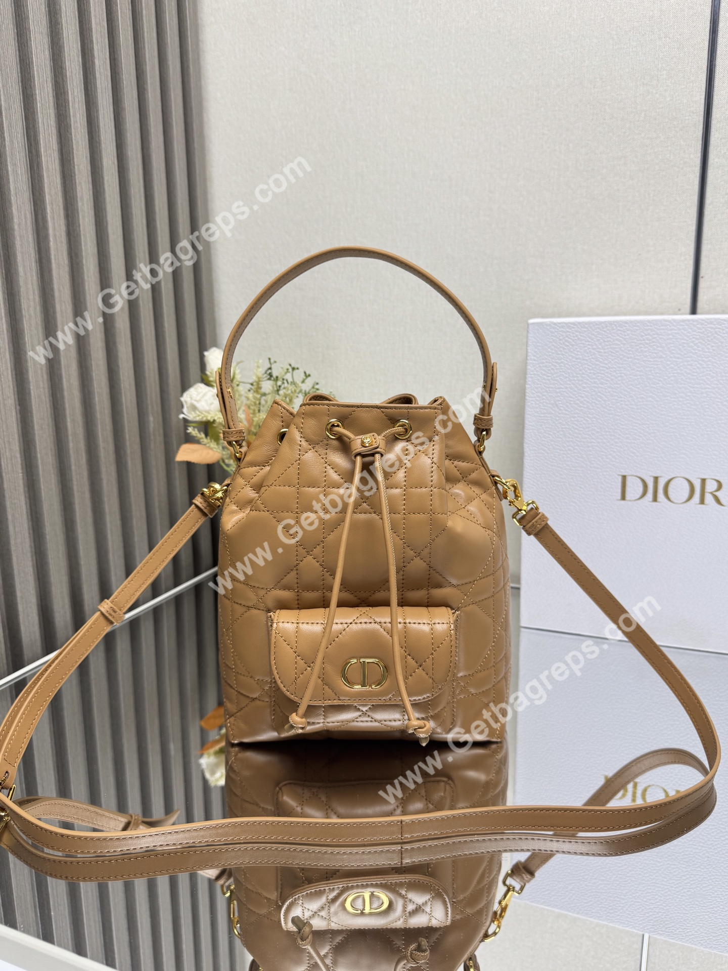 Large Dior Caro Bucket Bag Light Gold