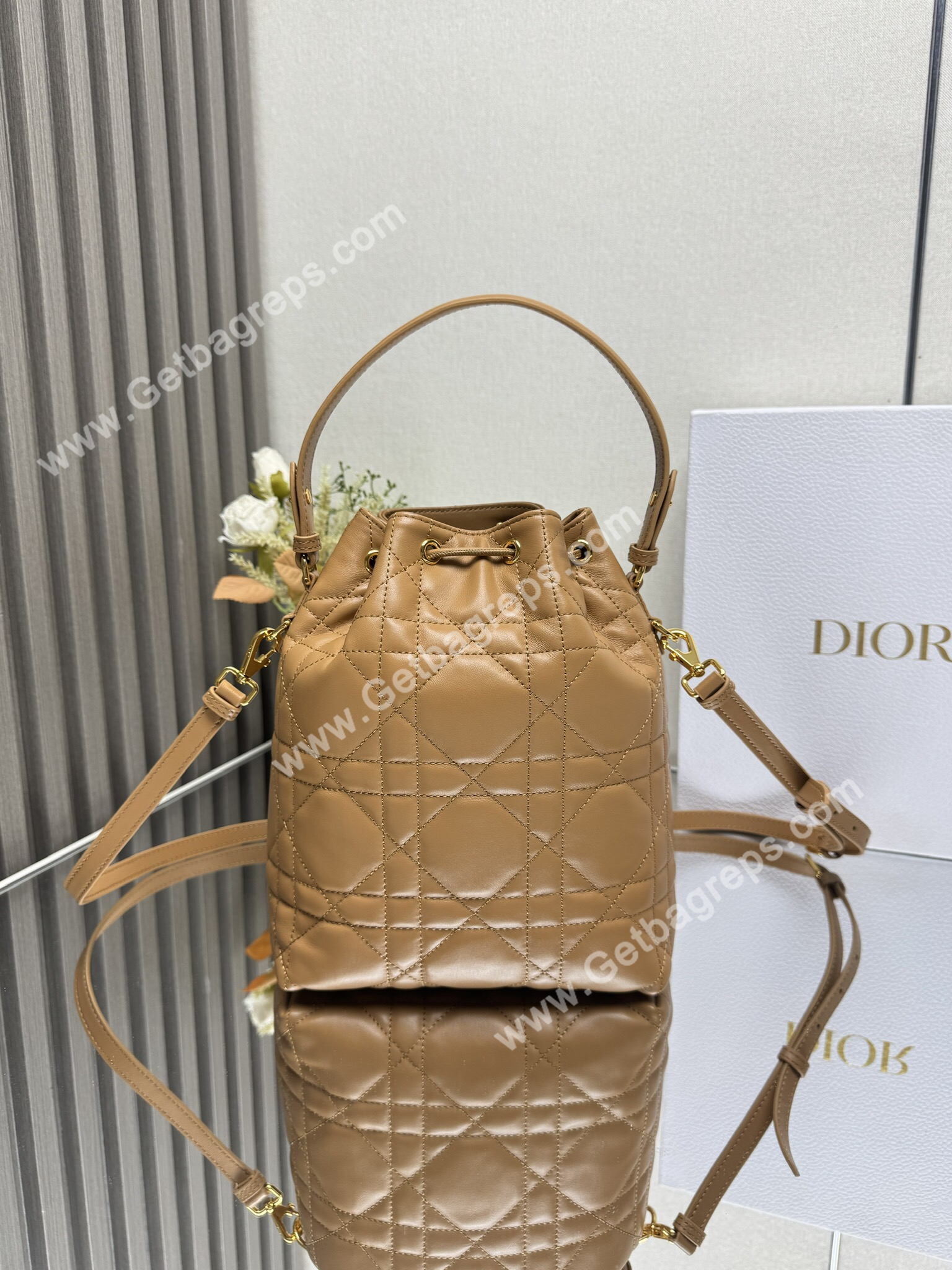 Large Dior Caro Bucket Bag Light Gold