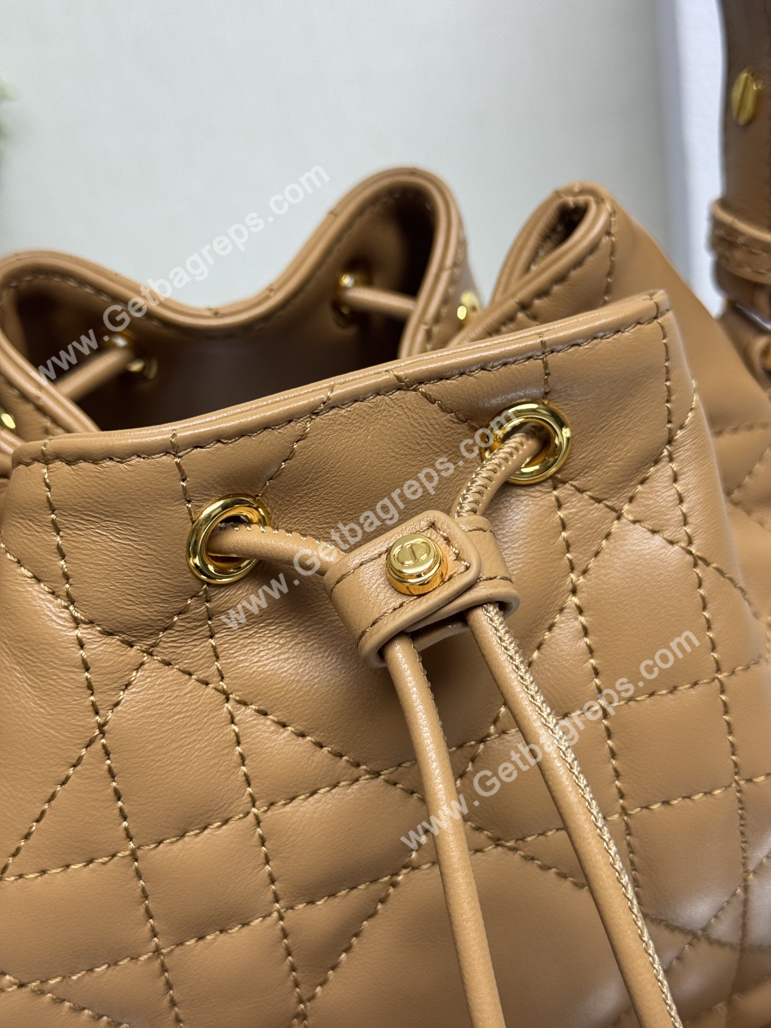 Large Dior Caro Bucket Bag Light Gold