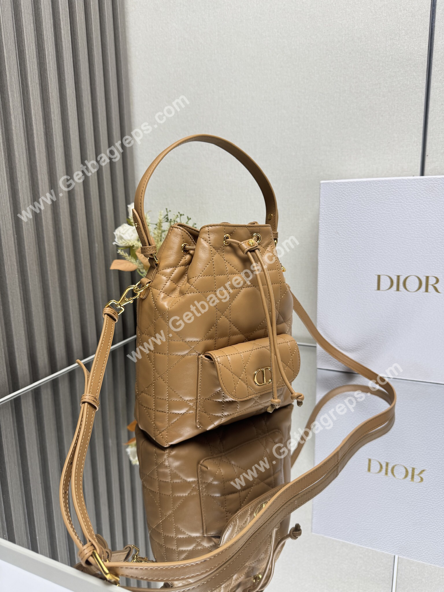 Large Dior Caro Bucket Bag Light Gold