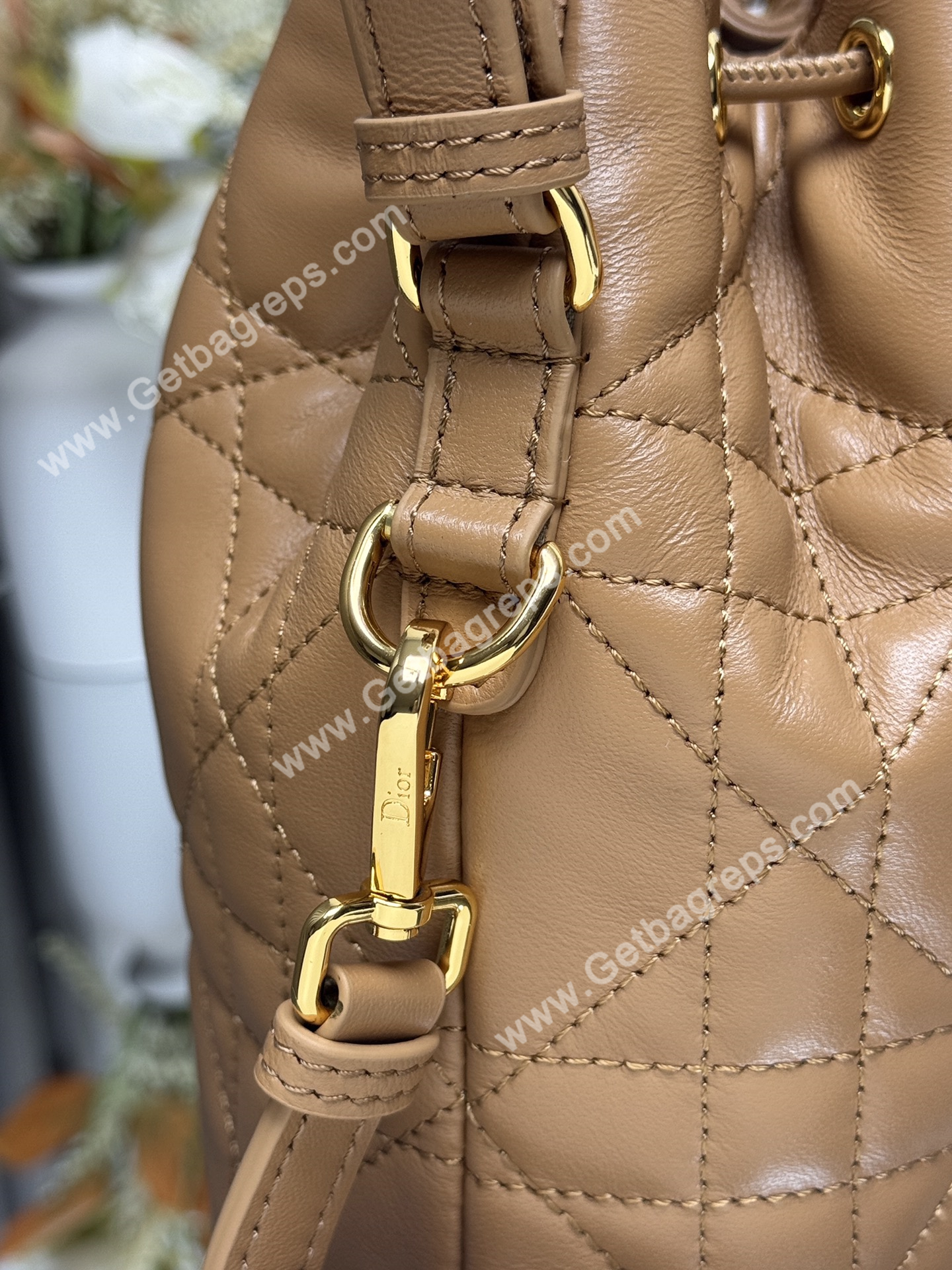 Large Dior Caro Bucket Bag Light Gold