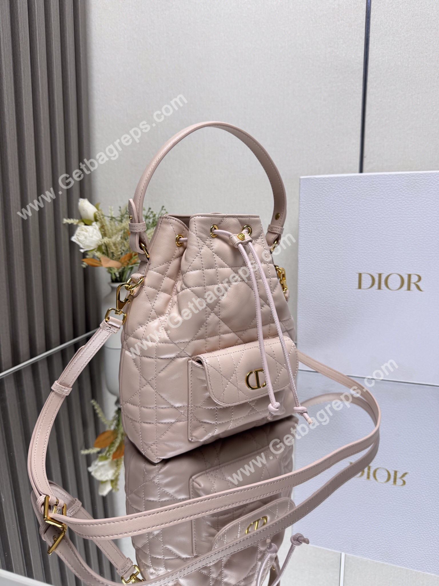 Large Dior Caro Bucket Bag Pink