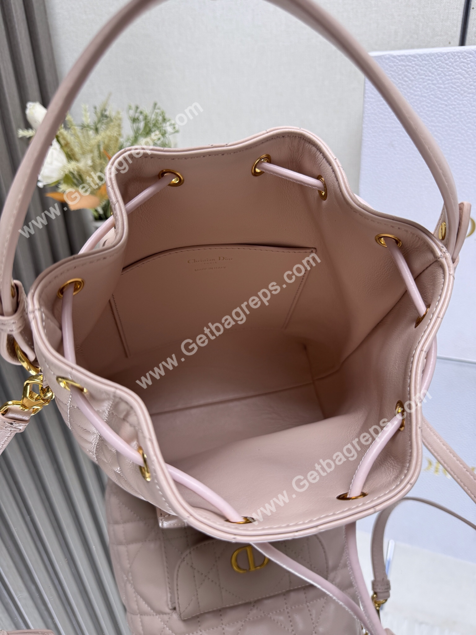 Large Dior Caro Bucket Bag Pink